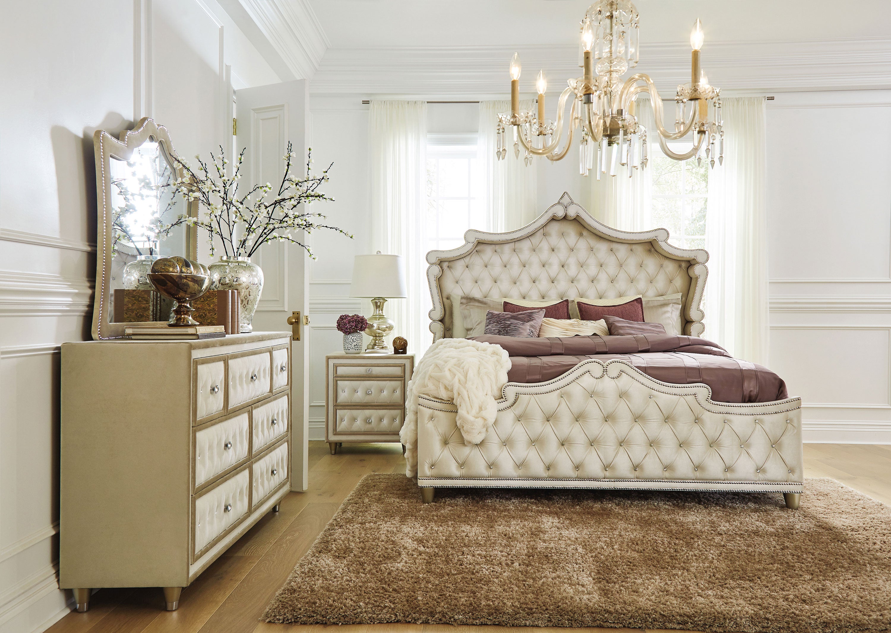 Antonella 7-drawer Upholstered Dresser Ivory and Camel-CoasterElevations