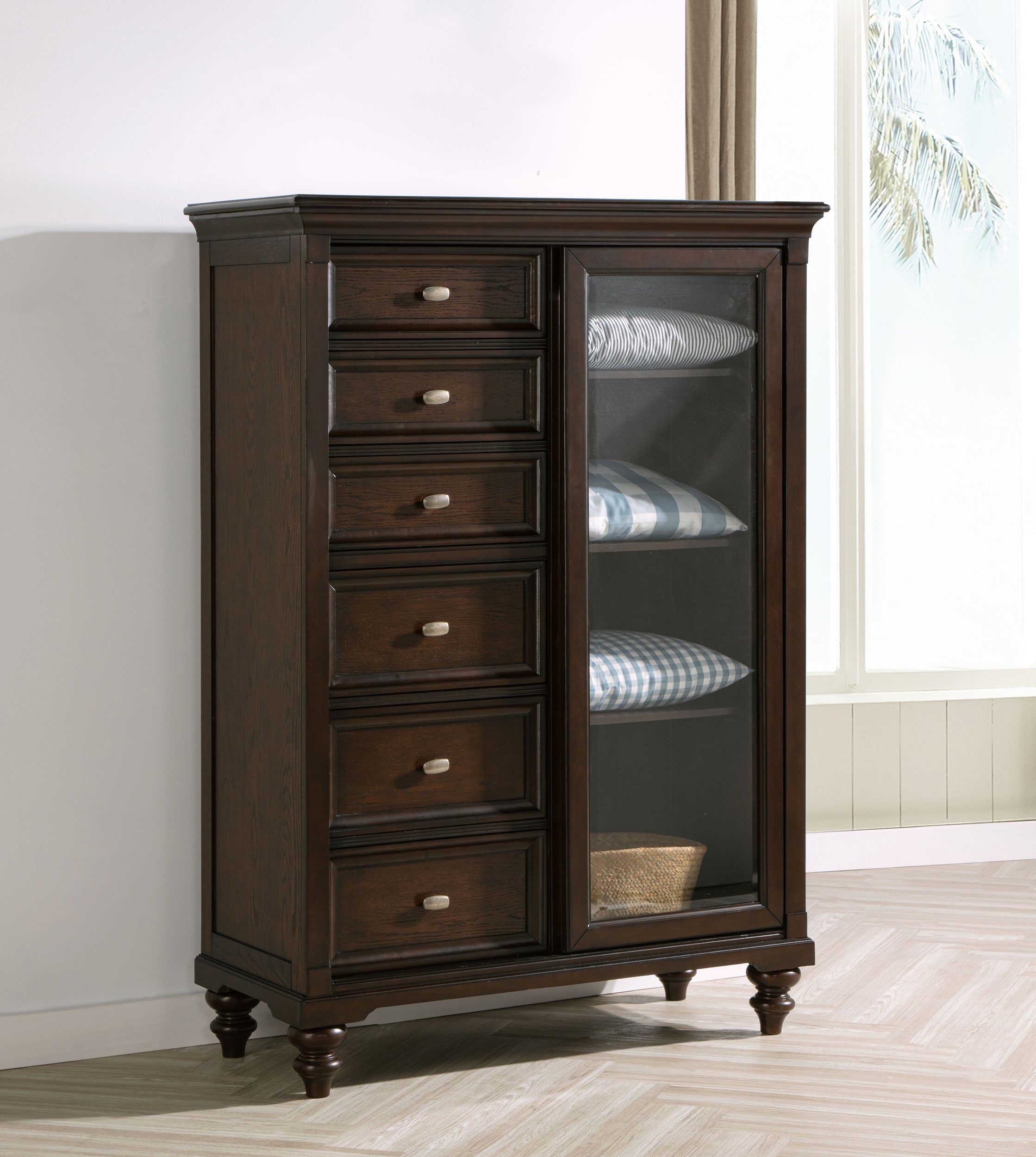 Andover 6-drawer Tempered Glass Door Chest Dark Oak-