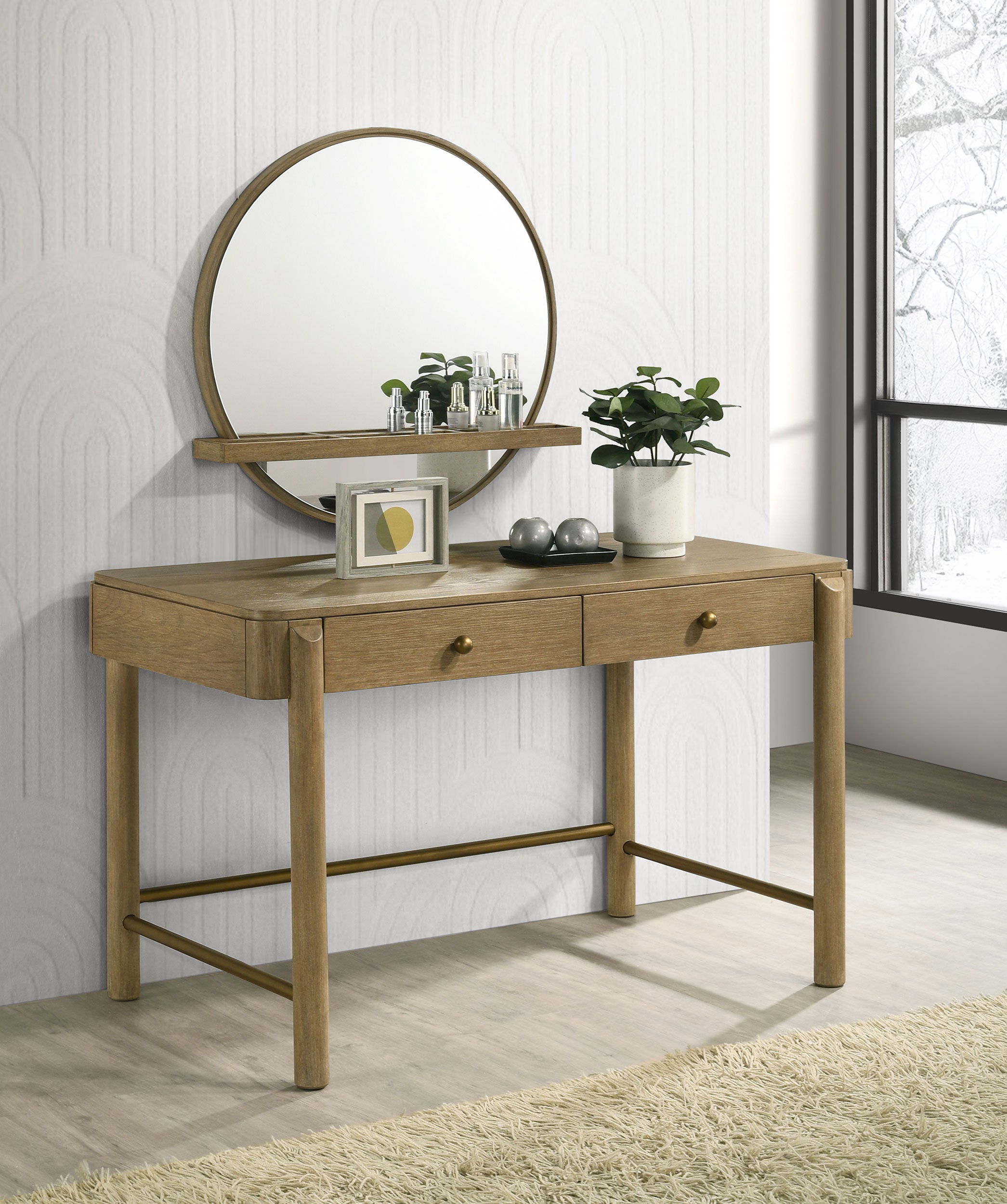 Arini Round Vanity Wall Mirror with Shelf Sand Wash-CoasterElevations
