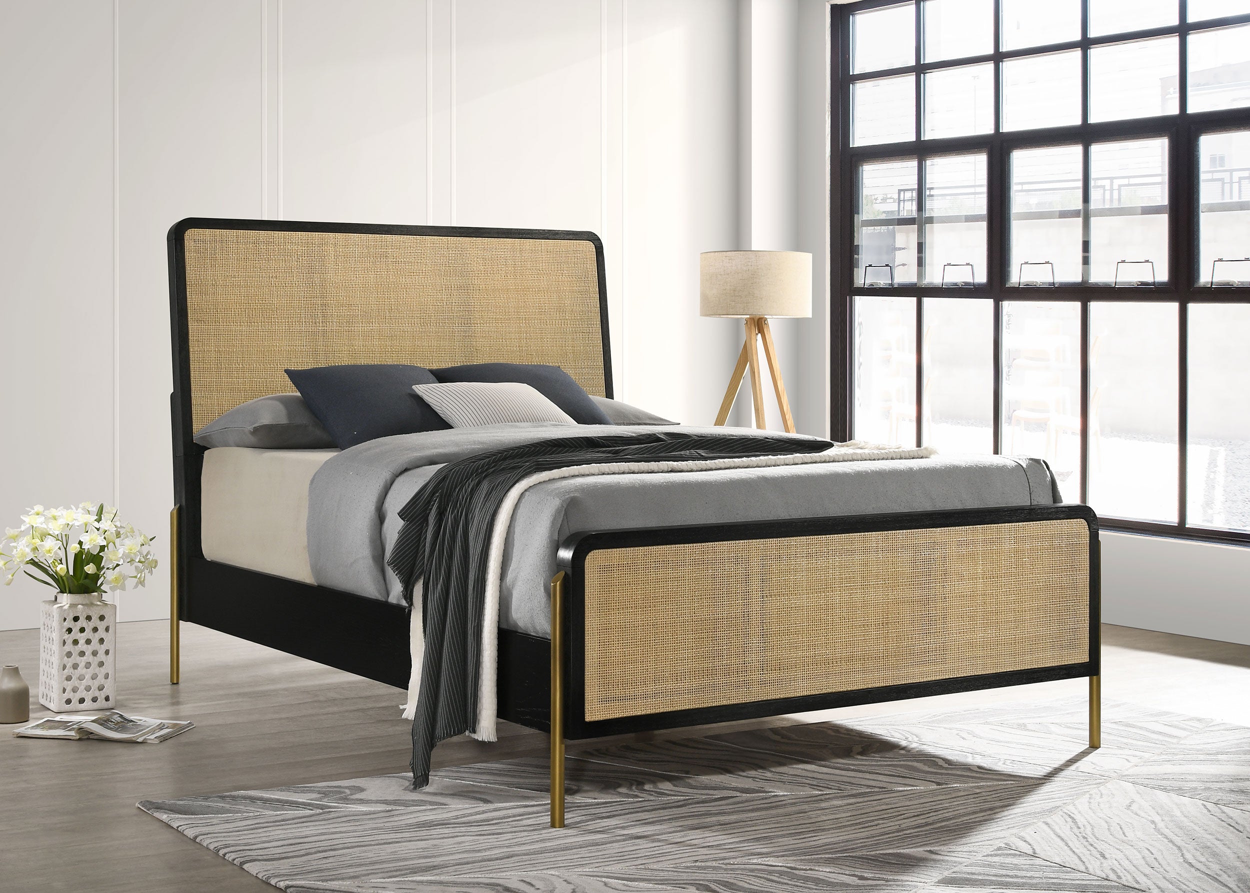 Arini Rattan Queen Panel Bed Black and Natural-