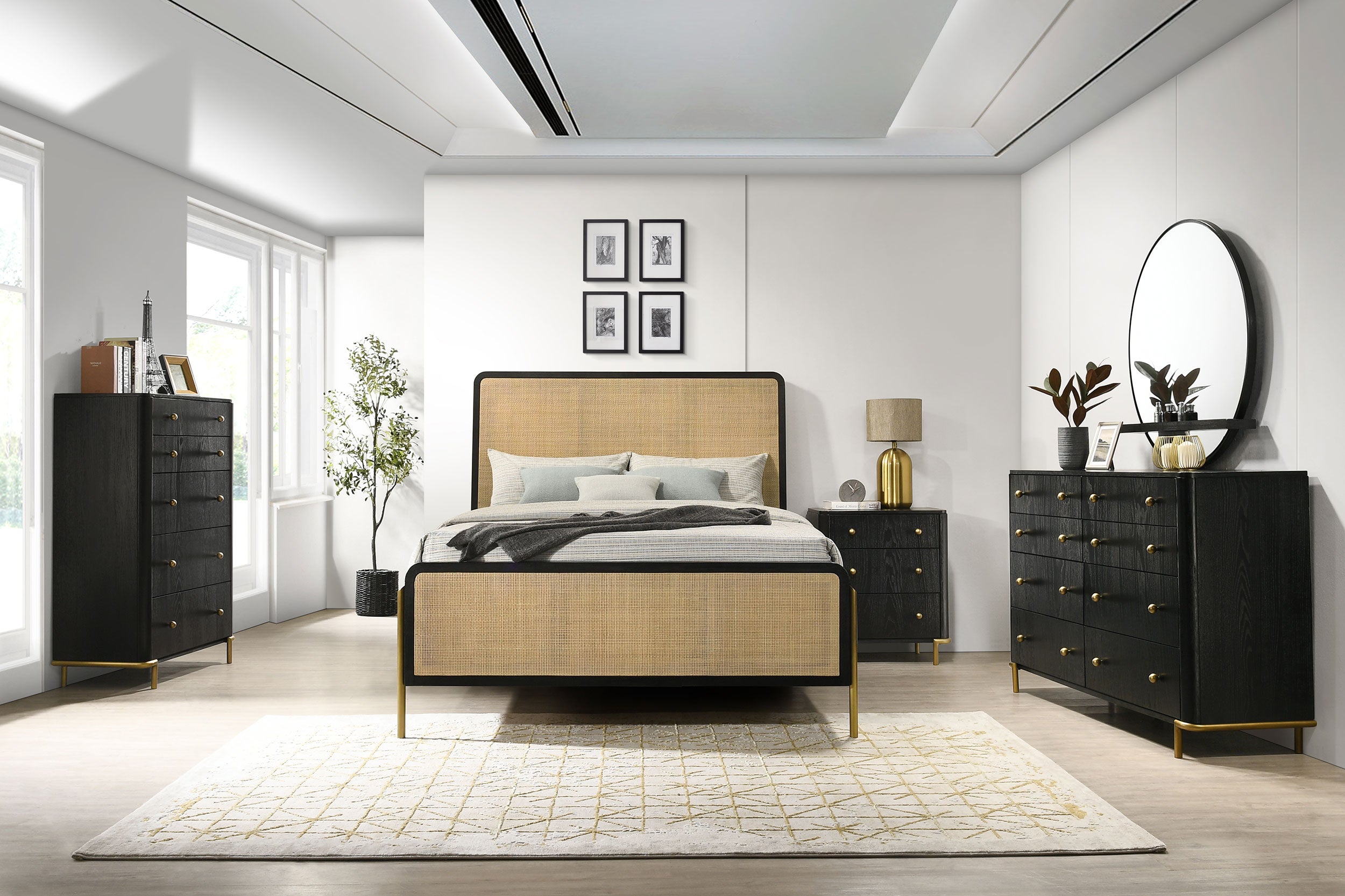 Arini Rattan Queen Panel Bed Black and Natural-