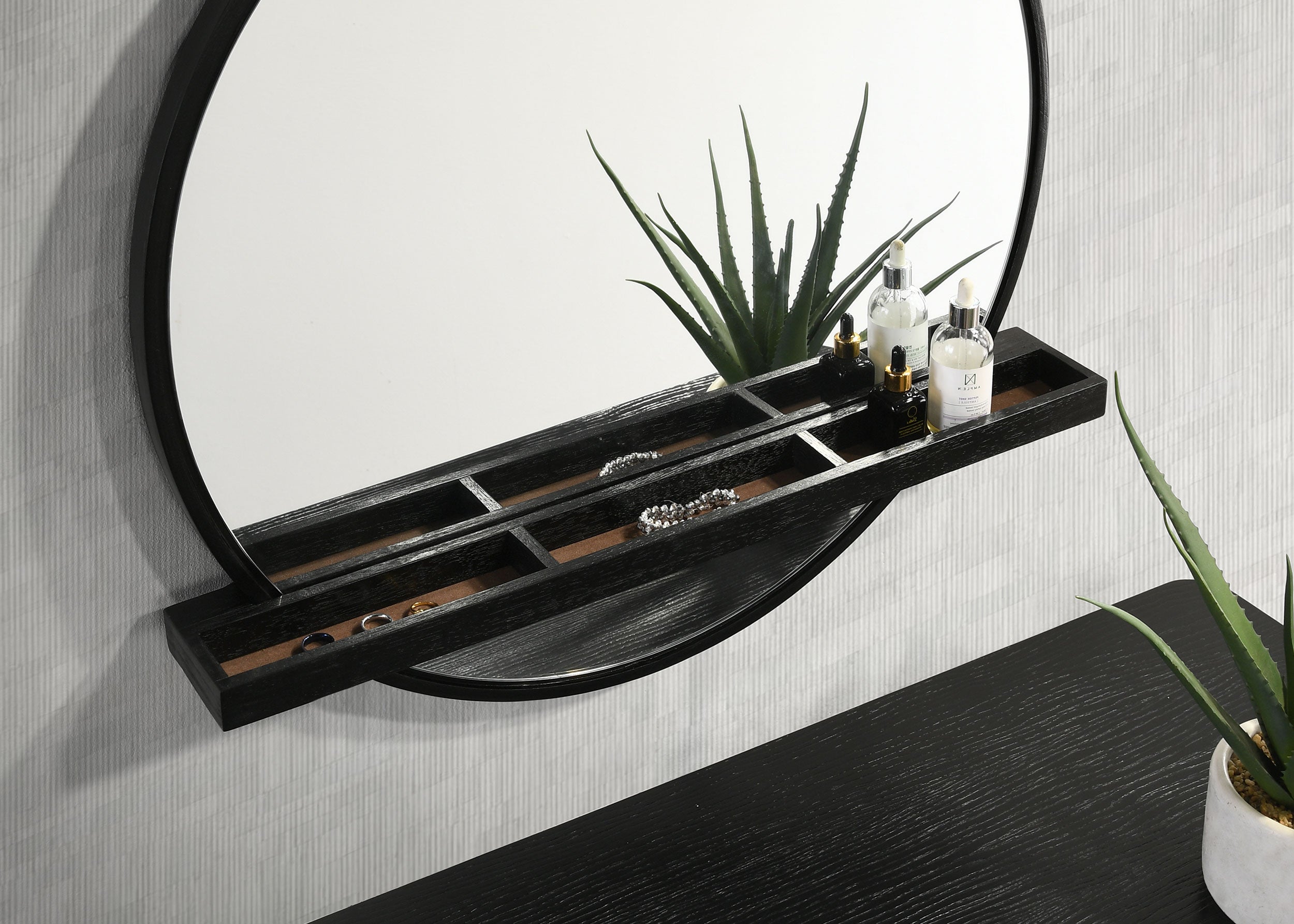 Arini Round Vanity Wall Mirror with Shelf Black-
