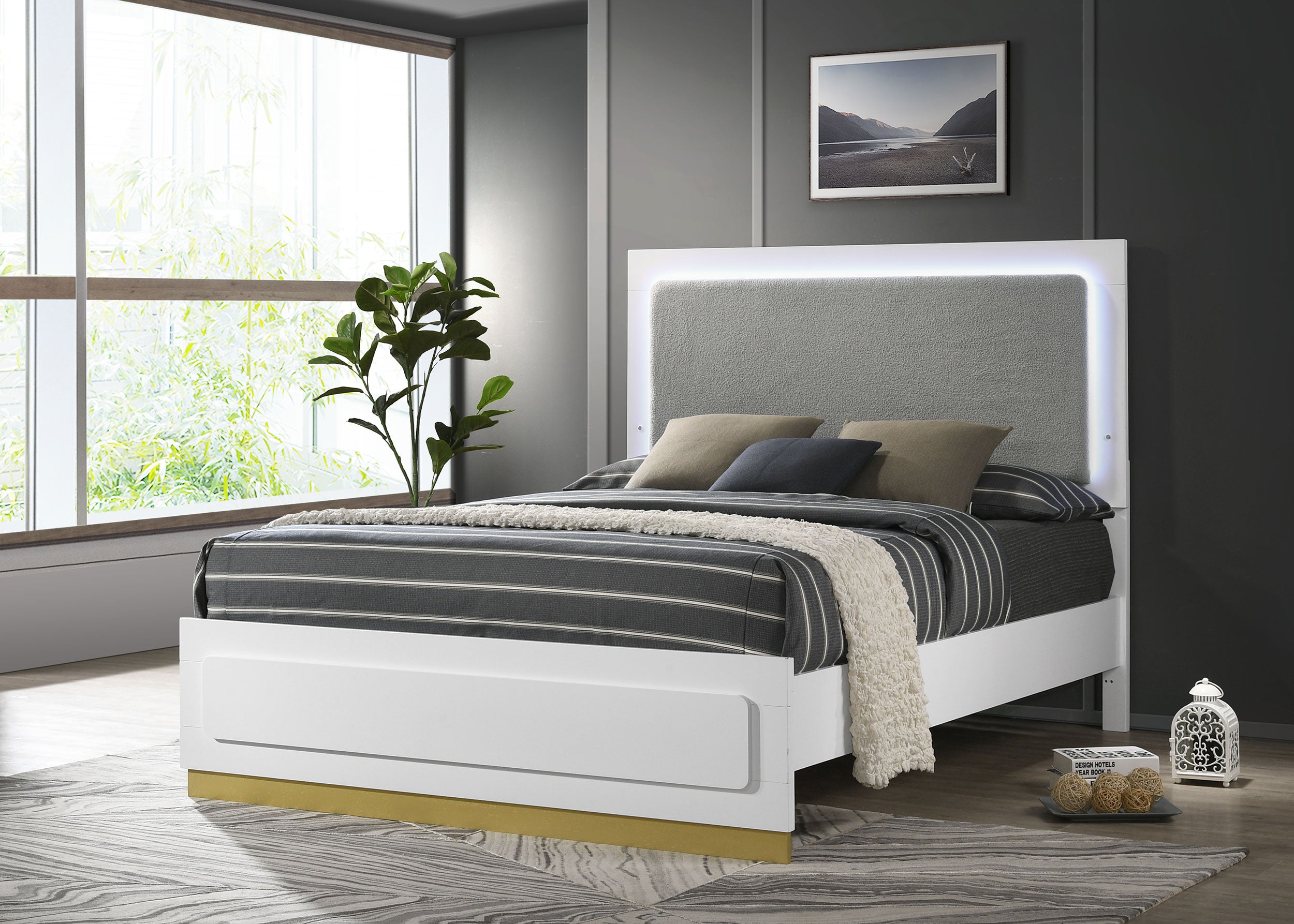 Caraway Wood Queen LED Panel Bed White-
