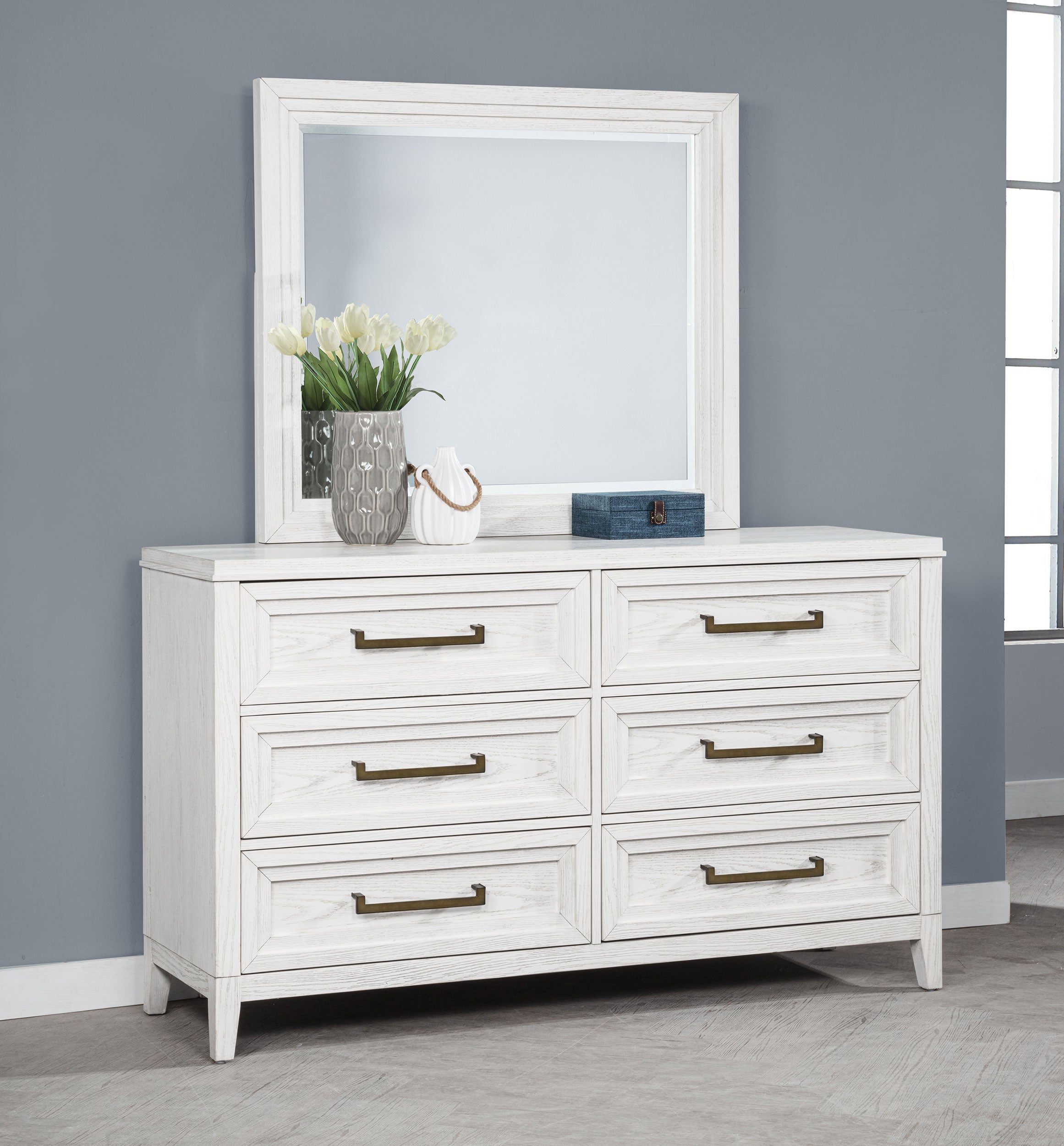Marielle 6-drawer Dresser with Mirror Distressed White -