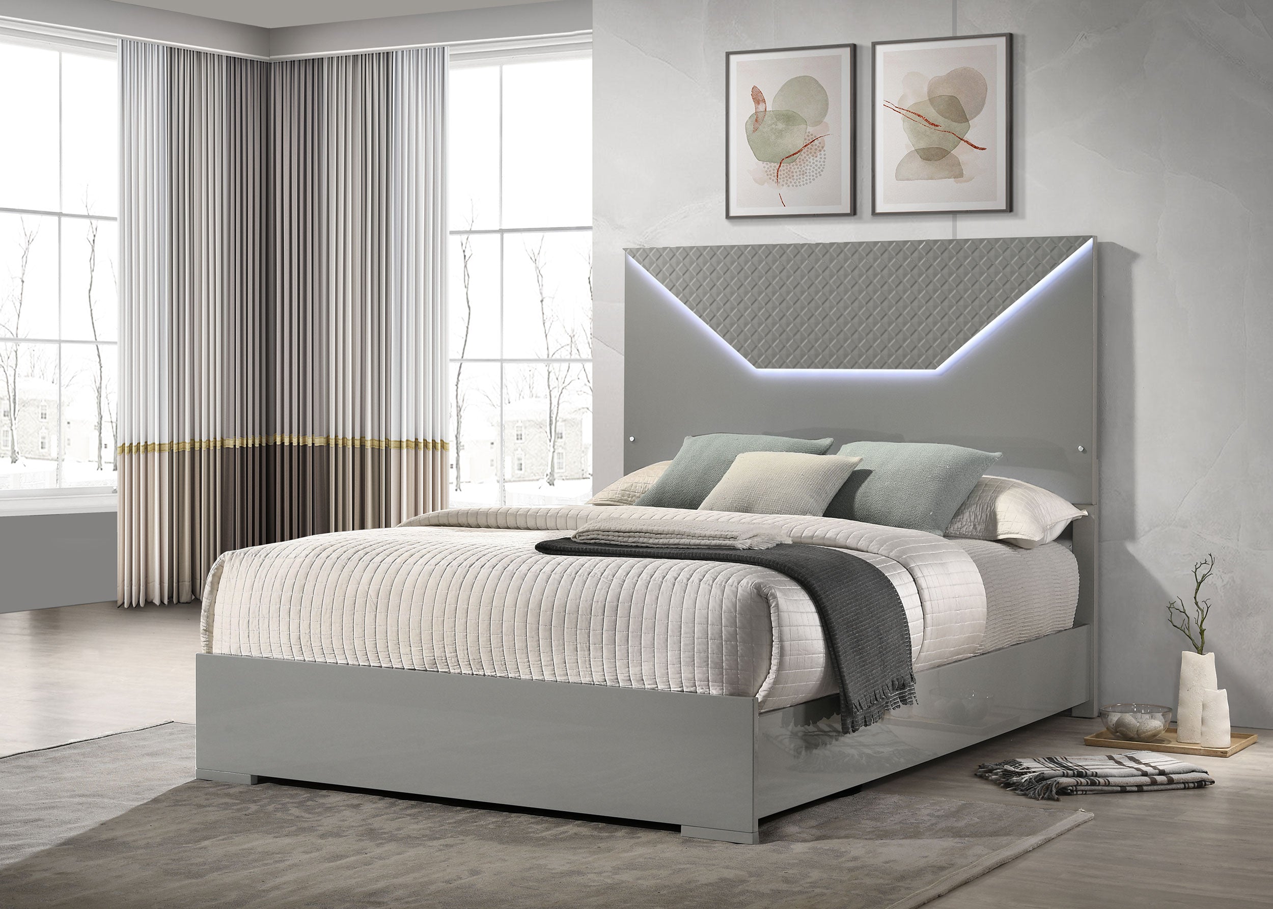 Ives Queen Panel Bed LED Headboard Grey High Gloss-