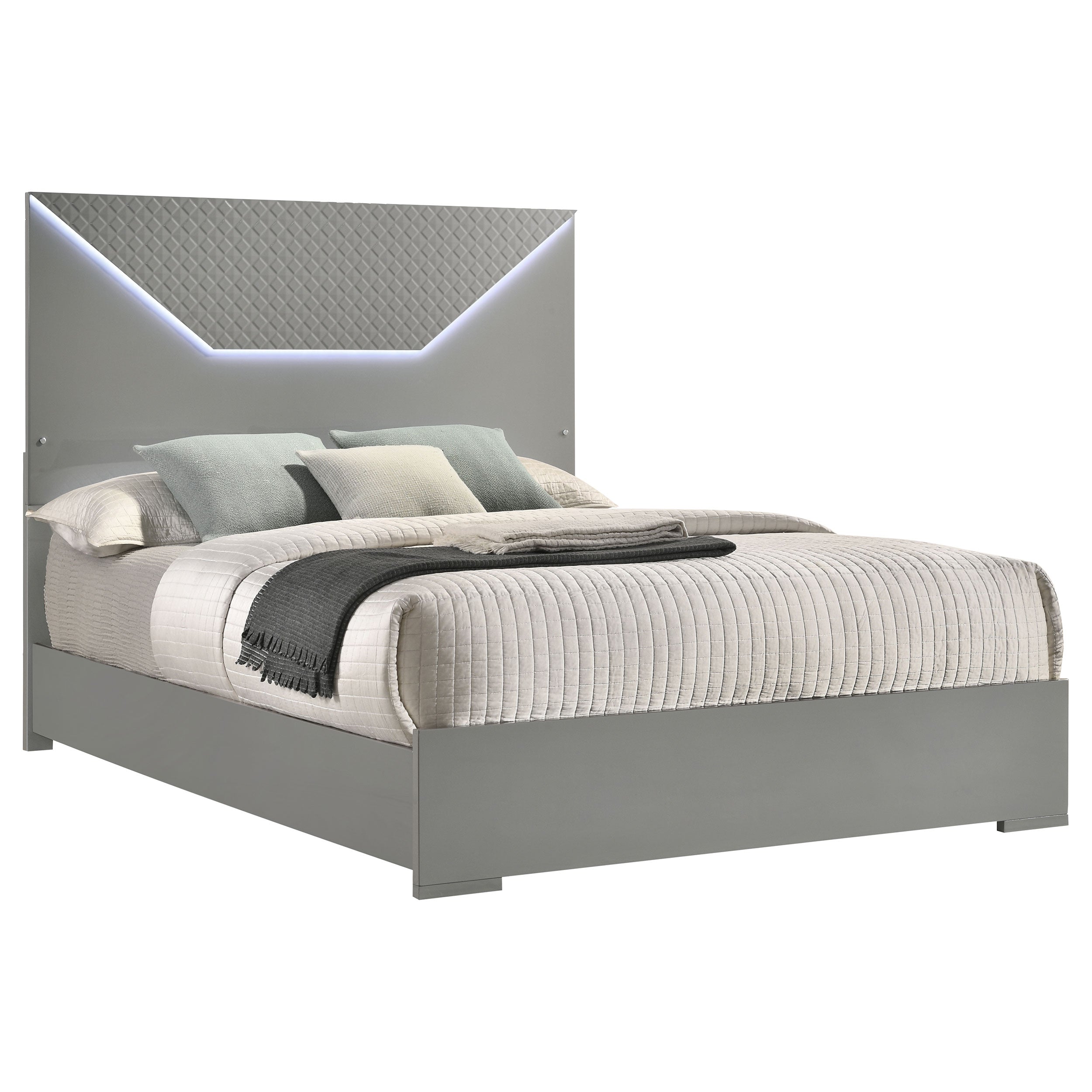 Ives Queen Panel Bed LED Headboard Grey High Gloss-