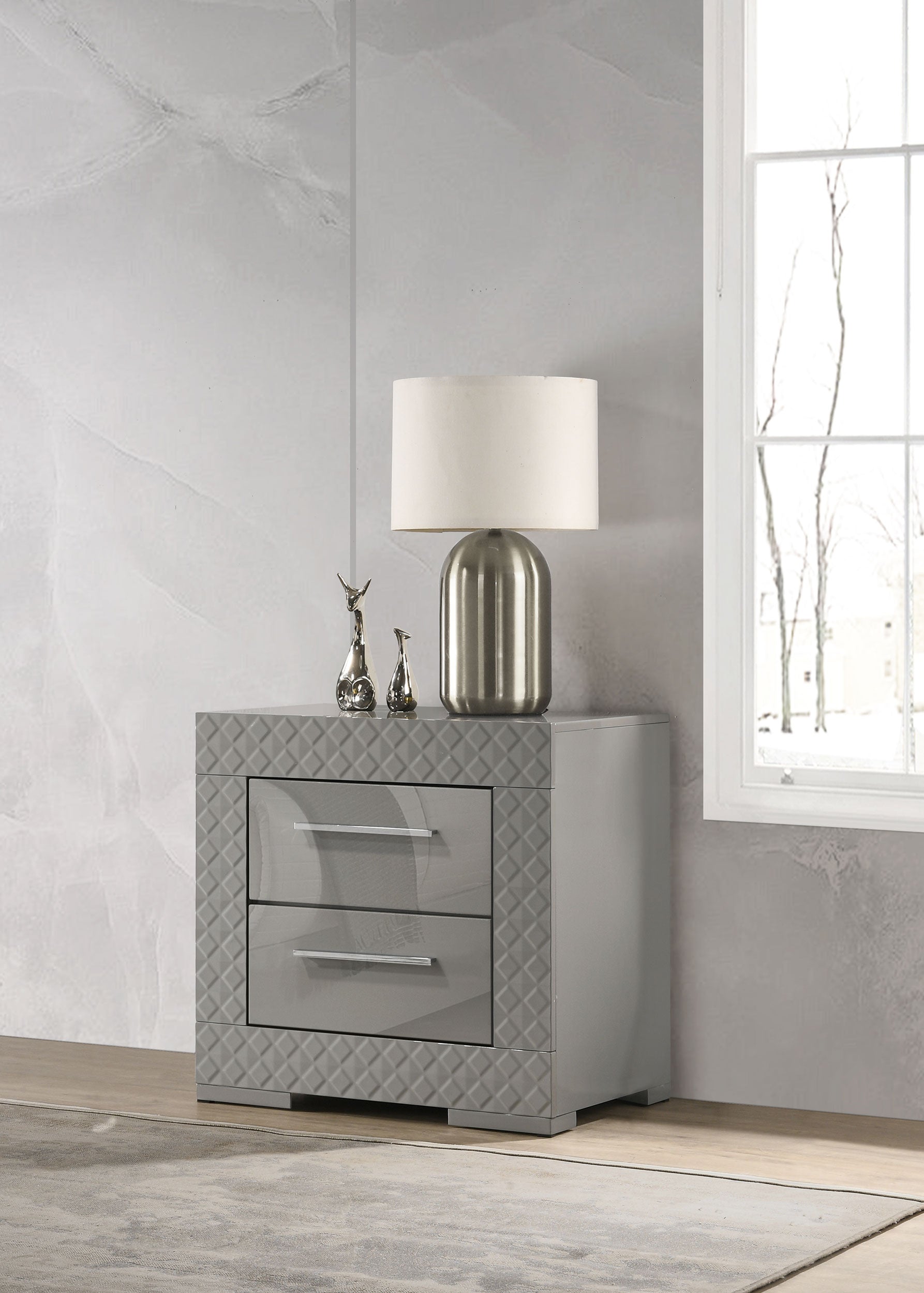 Ives 2-drawer Nightstand Bedside Table Grey High Gloss-
