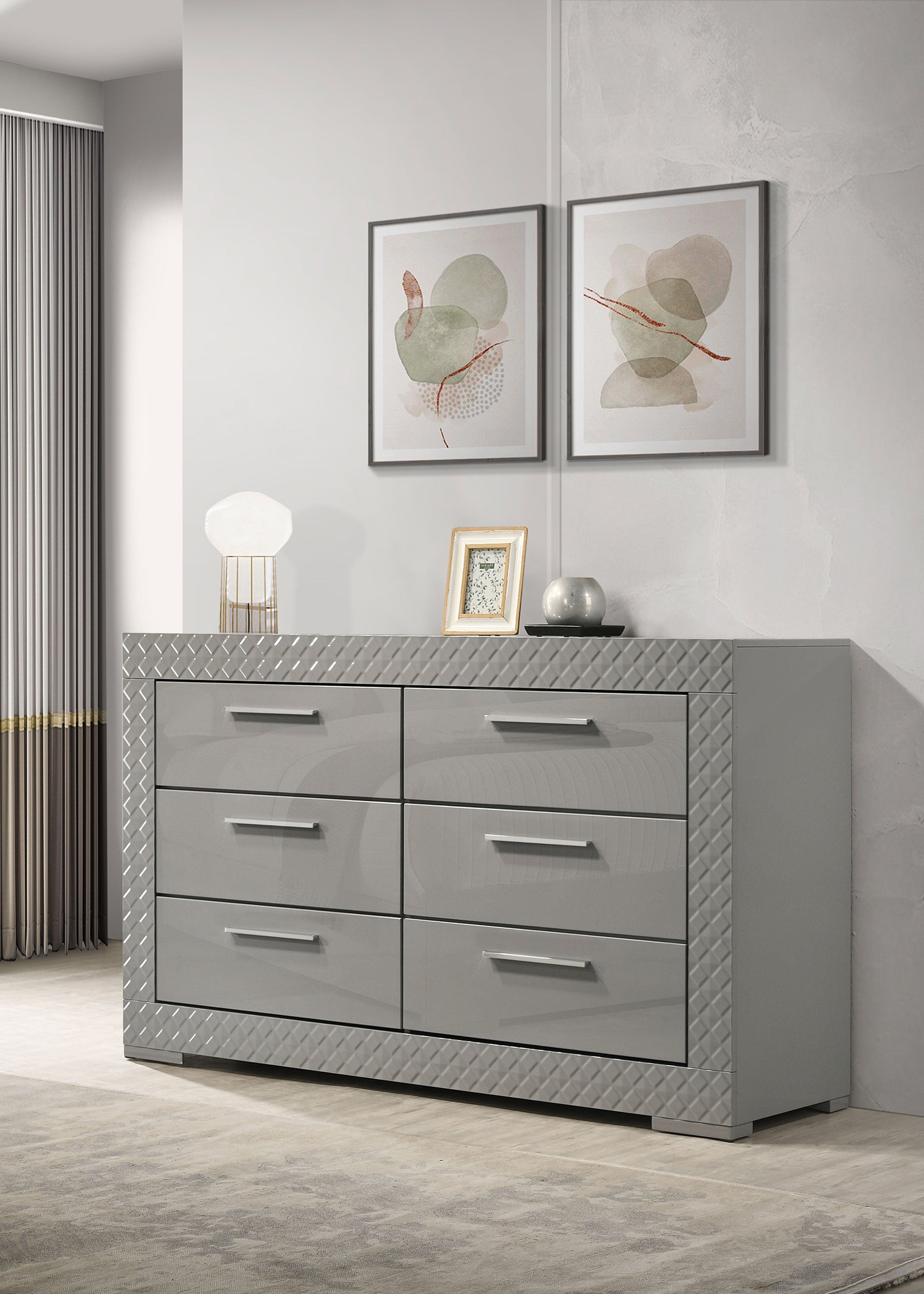 Ives 6-drawer Dresser Cabinet Grey High Gloss-