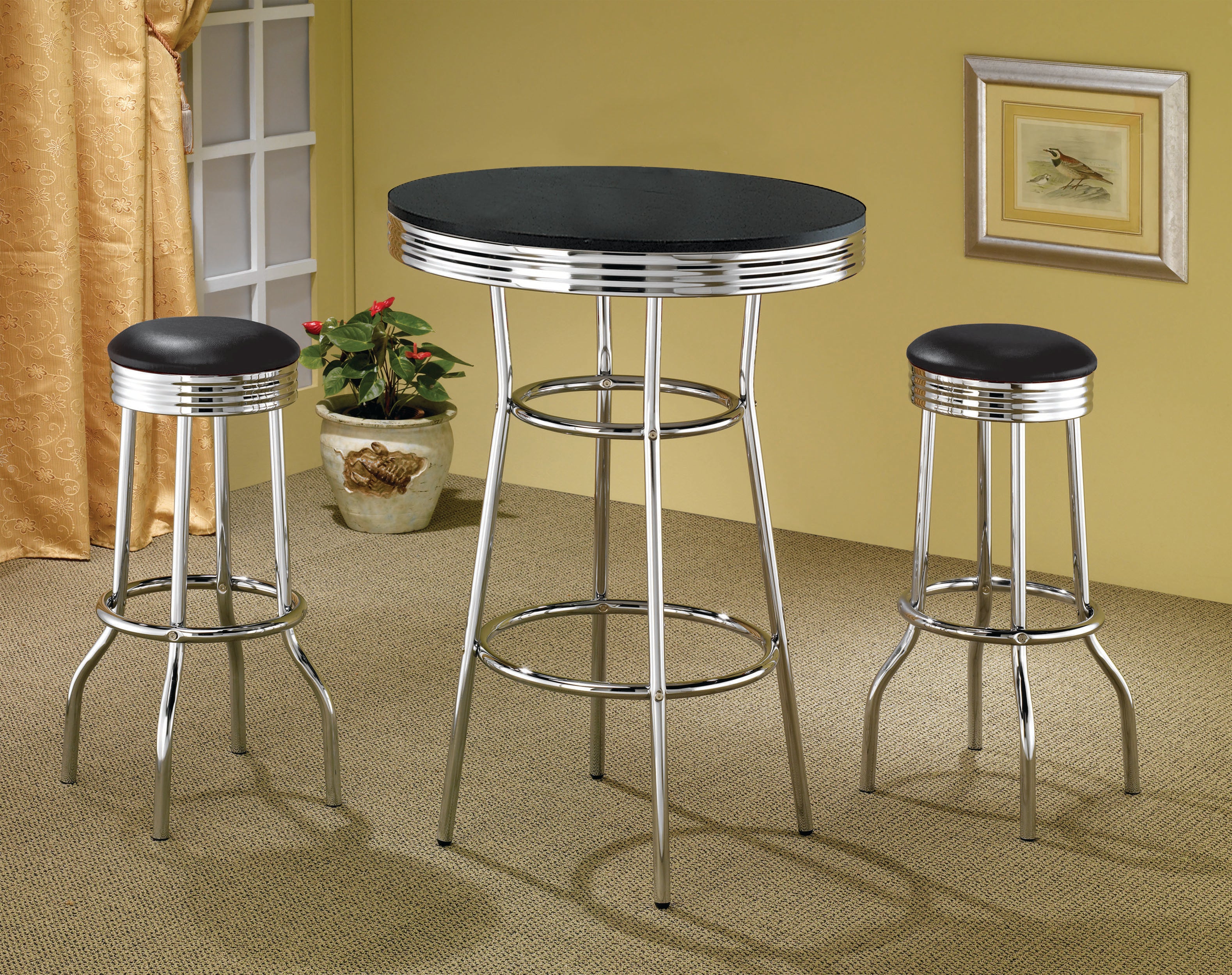 Retro 3-piece Round 1950s Bistro Pub Bar Table Set Black-