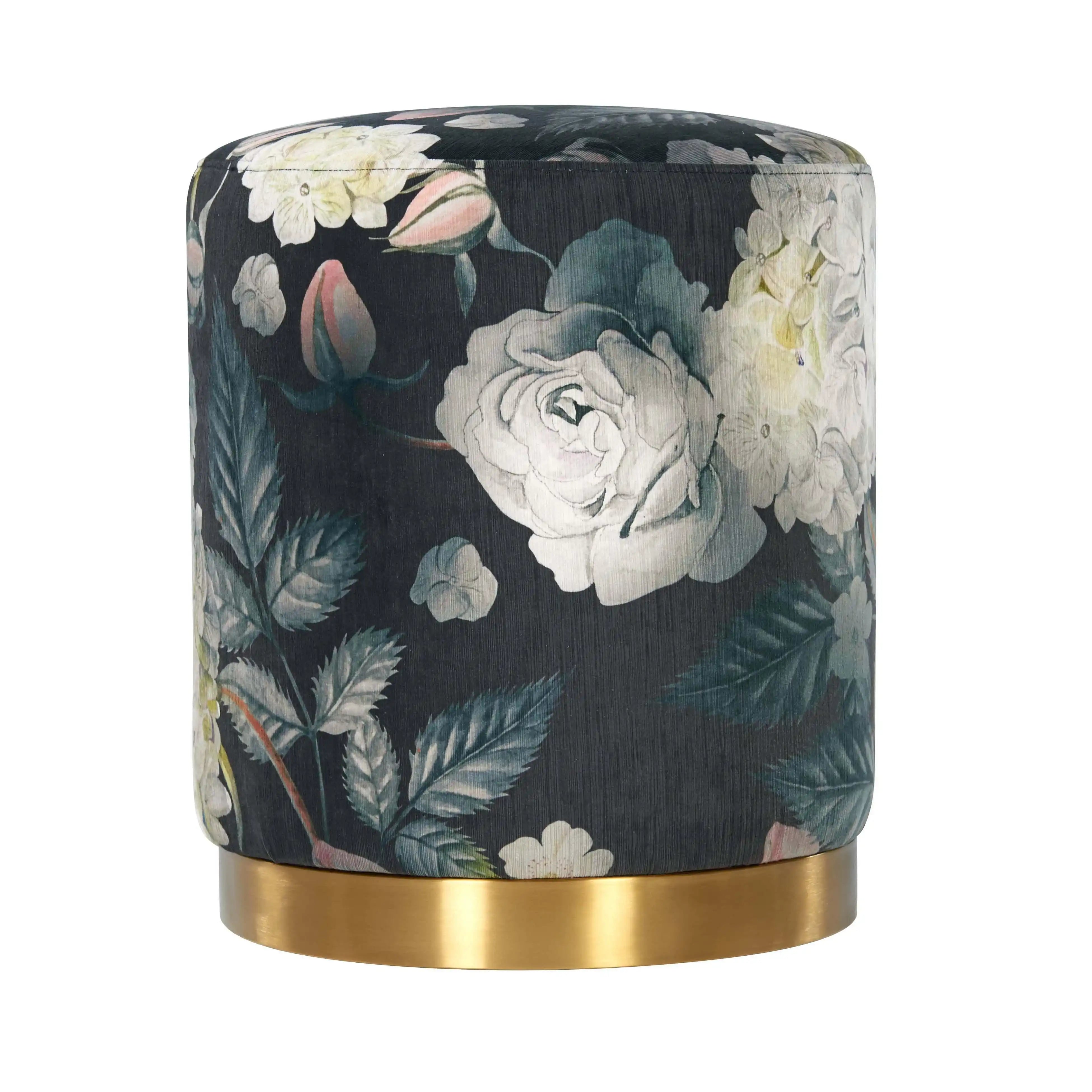 Opal - Floral Velvet Ottoman With Gold Base - Dark Gray - Best Buy Furniture