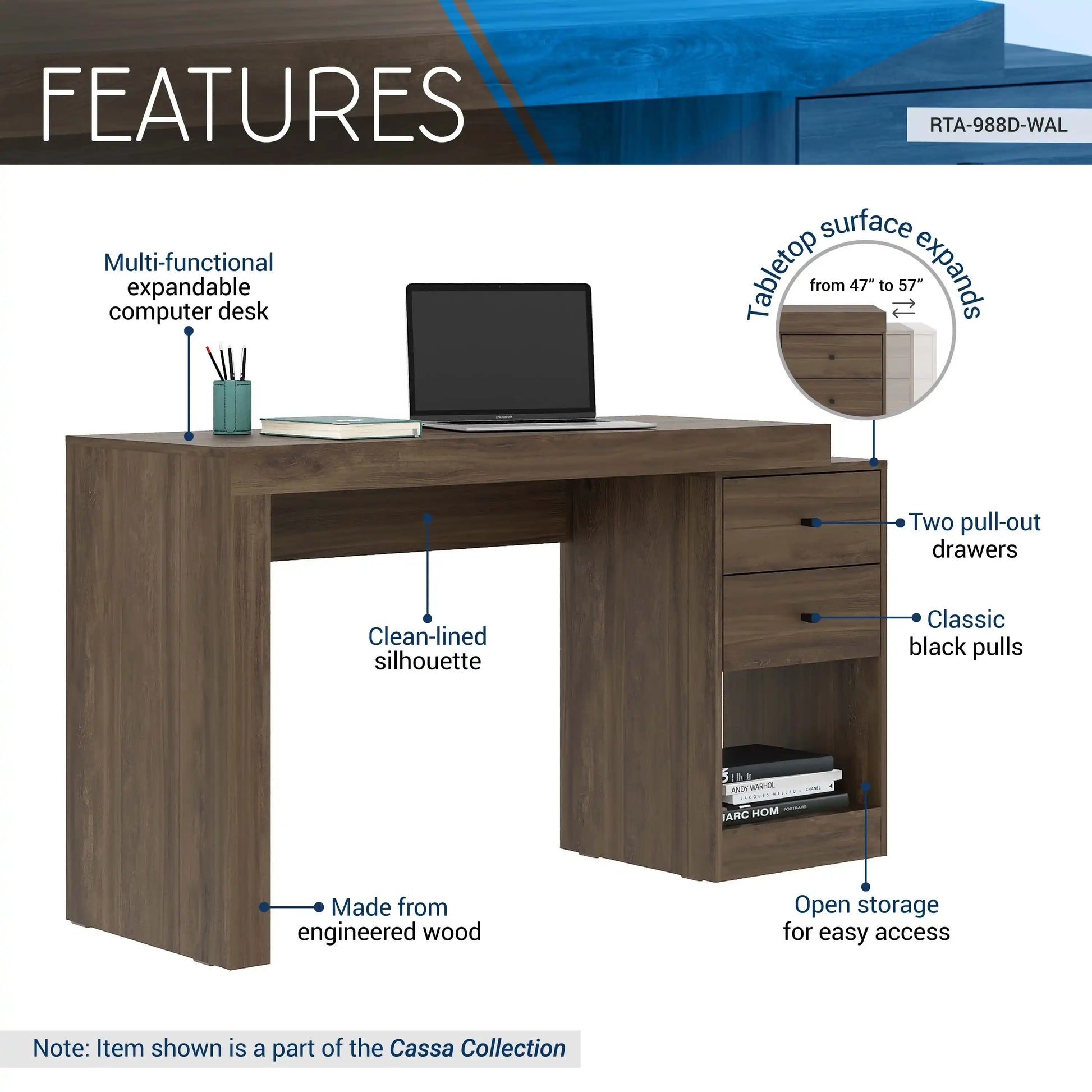 Techni Mobili Expandable Home Office Desk, Walnut - Best Buy Furniture