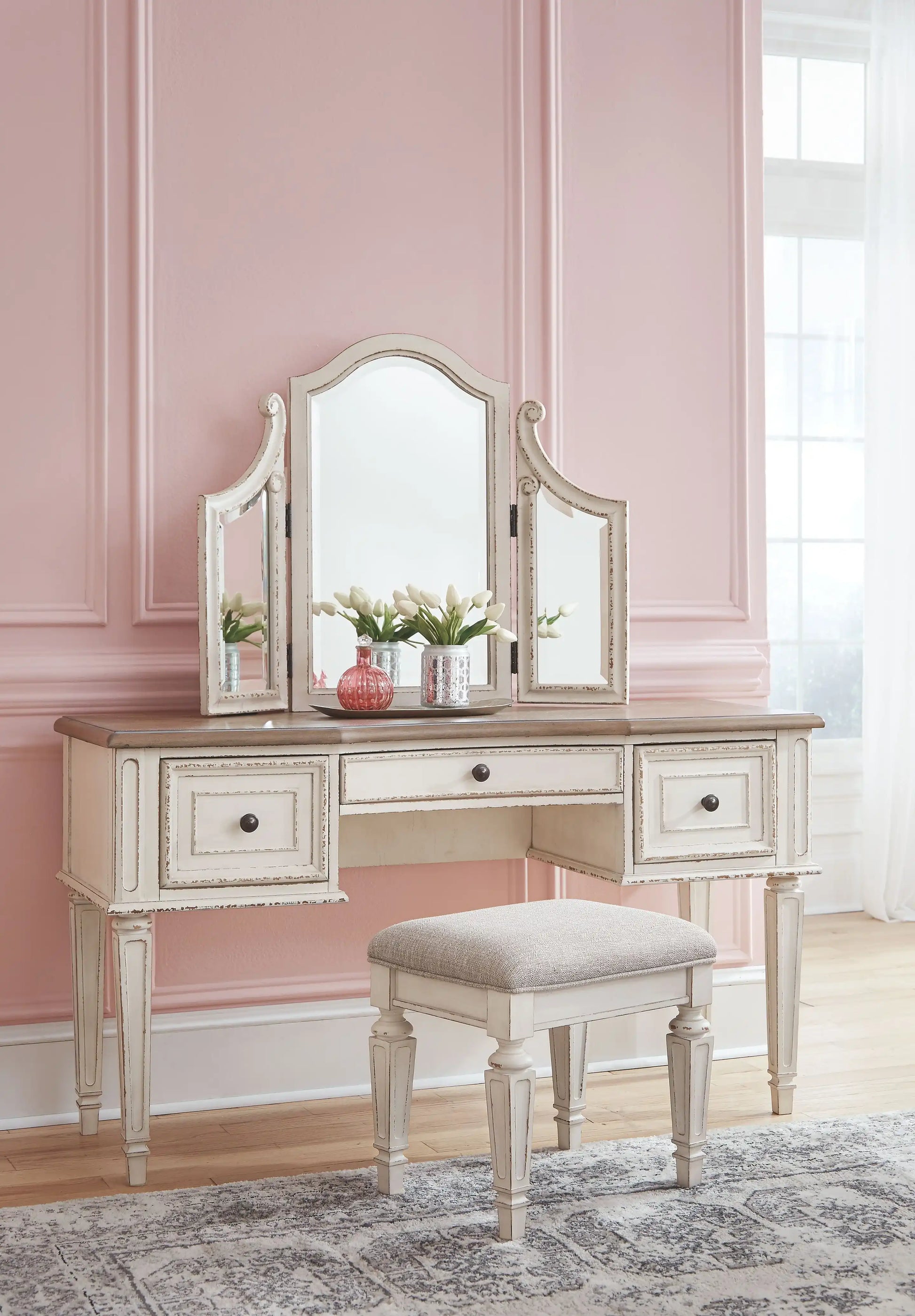 Realyn - Vanity/Mirror/Stool (Set of 3) - White / Brown / Beige - Best Buy Furniture