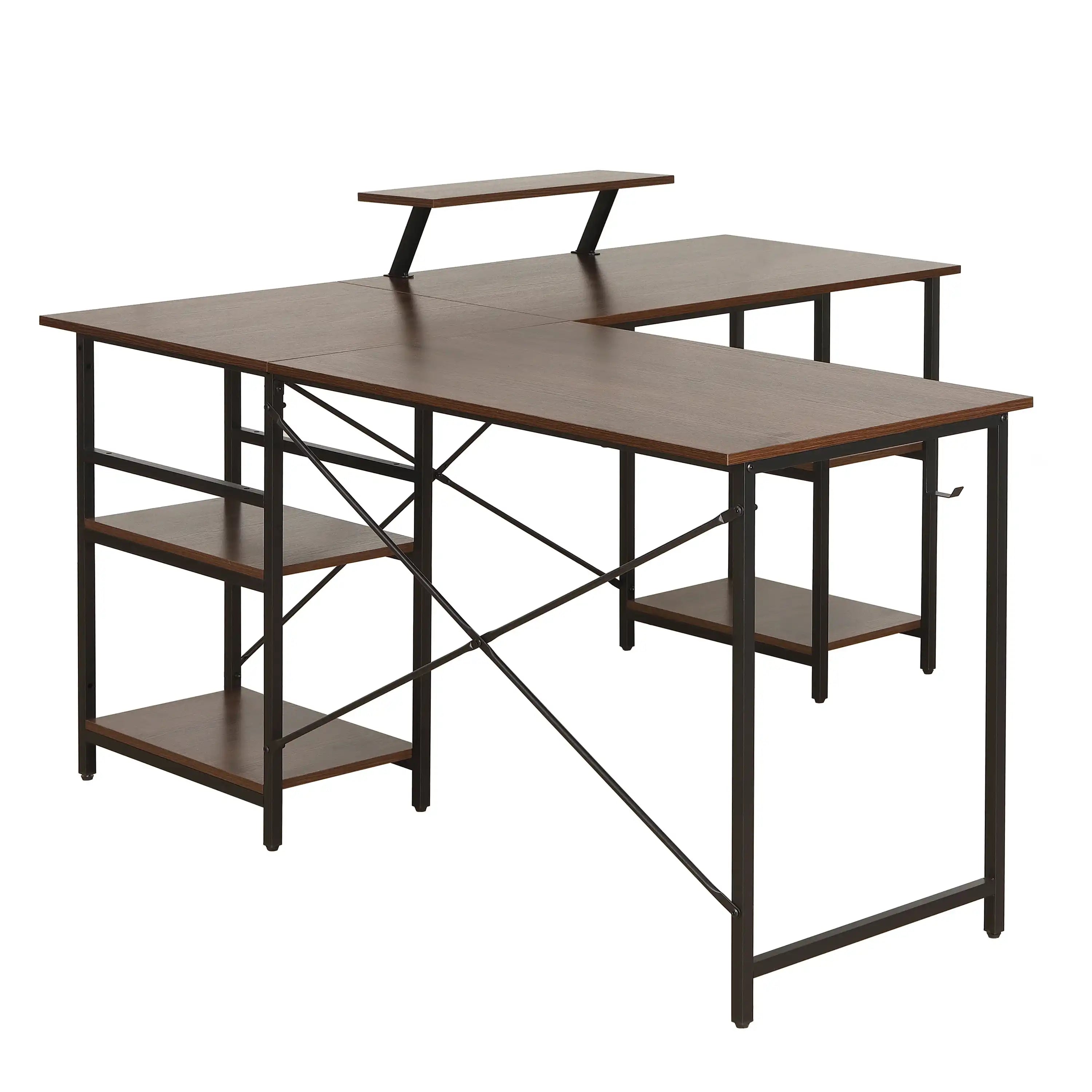 Techni Mobili L-Shape Industrial Desk with storage shelves, Walnut - Best Buy Furniture