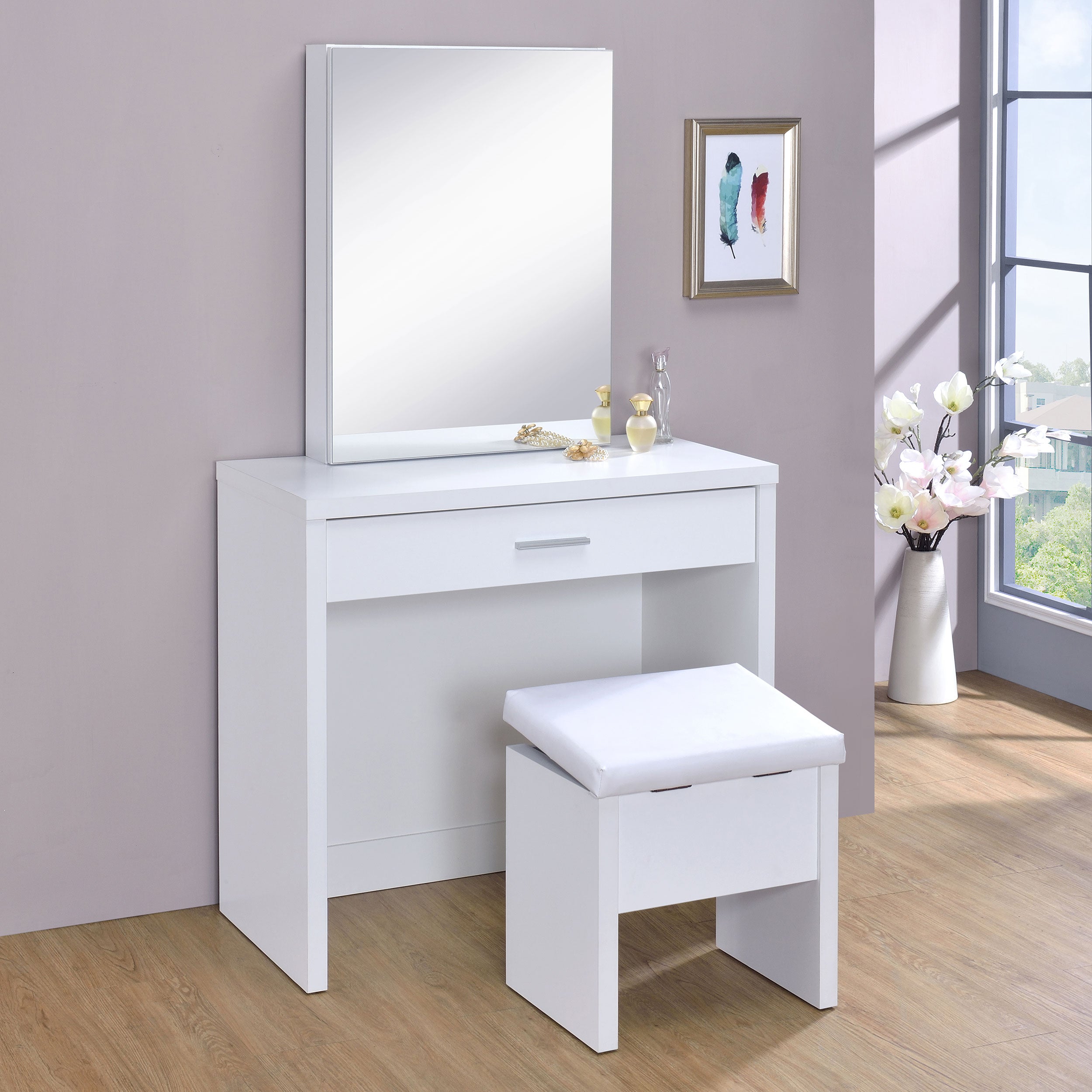 Harvey Vanity Set with Lift-Top Stool White-CoasterEssence