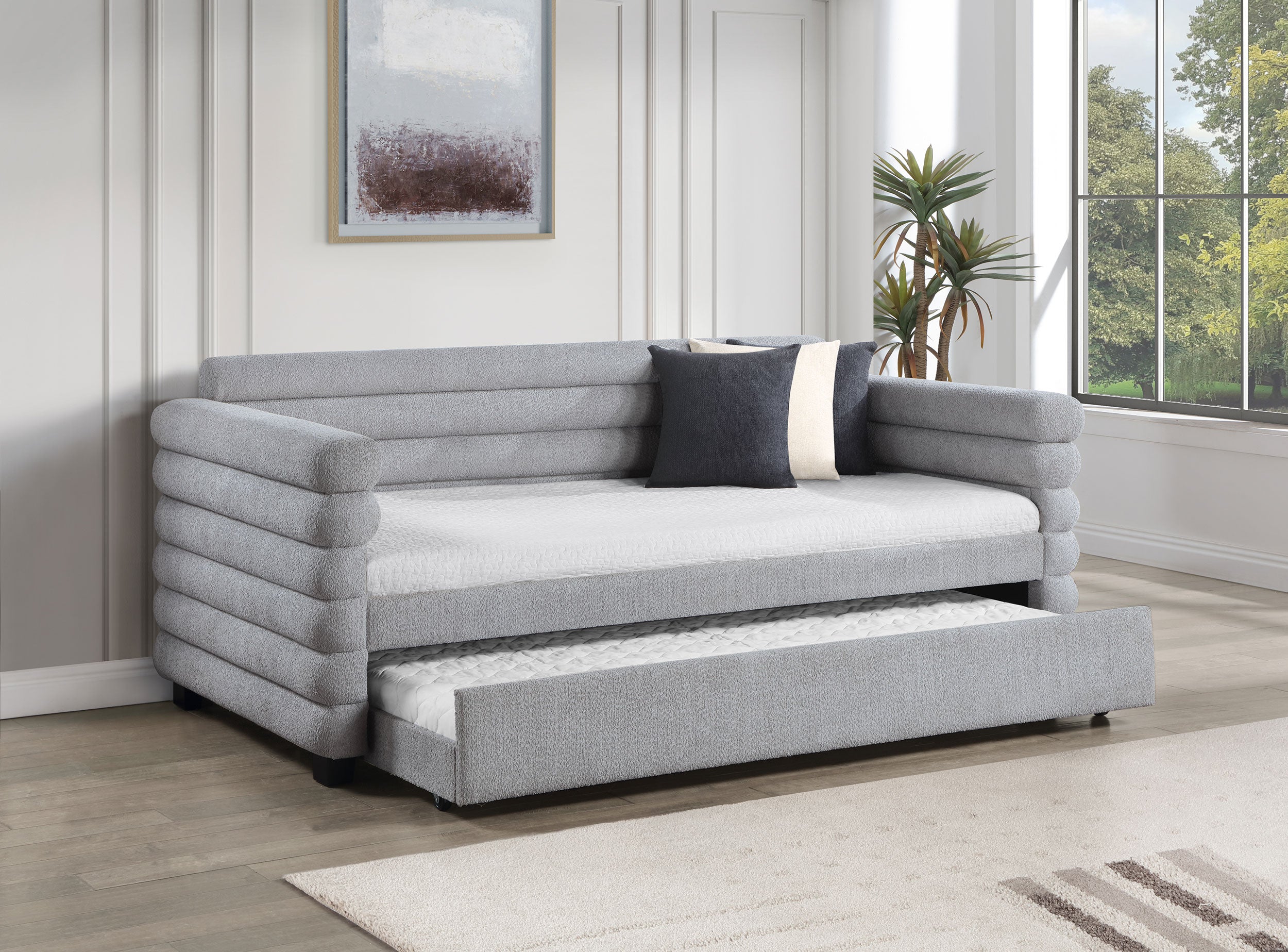 Patricia Boucle Upholstered Twin Day Bed with Trundle Grey -