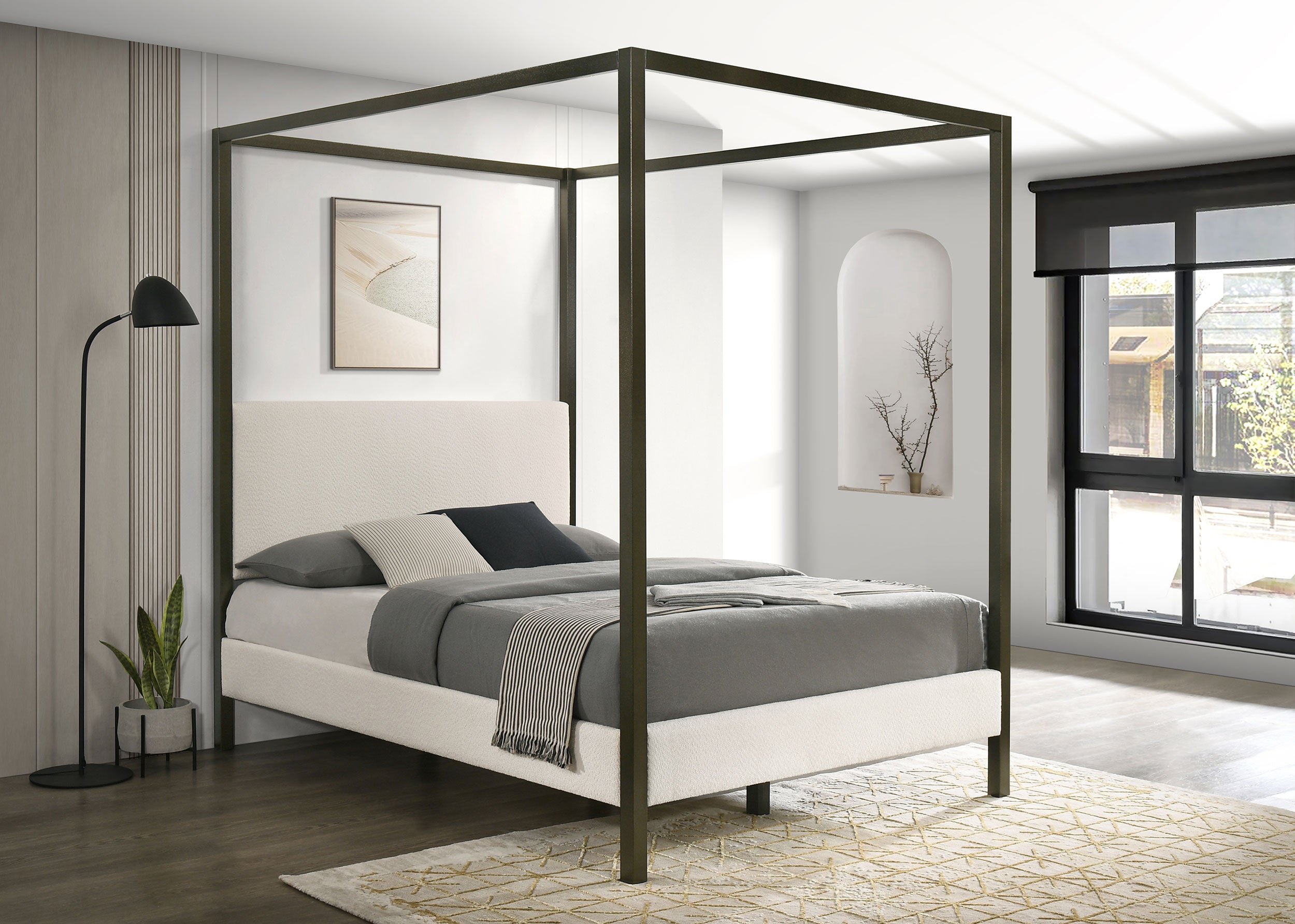 Monroe Upholstered Queen Canopy Bed Vanilla-