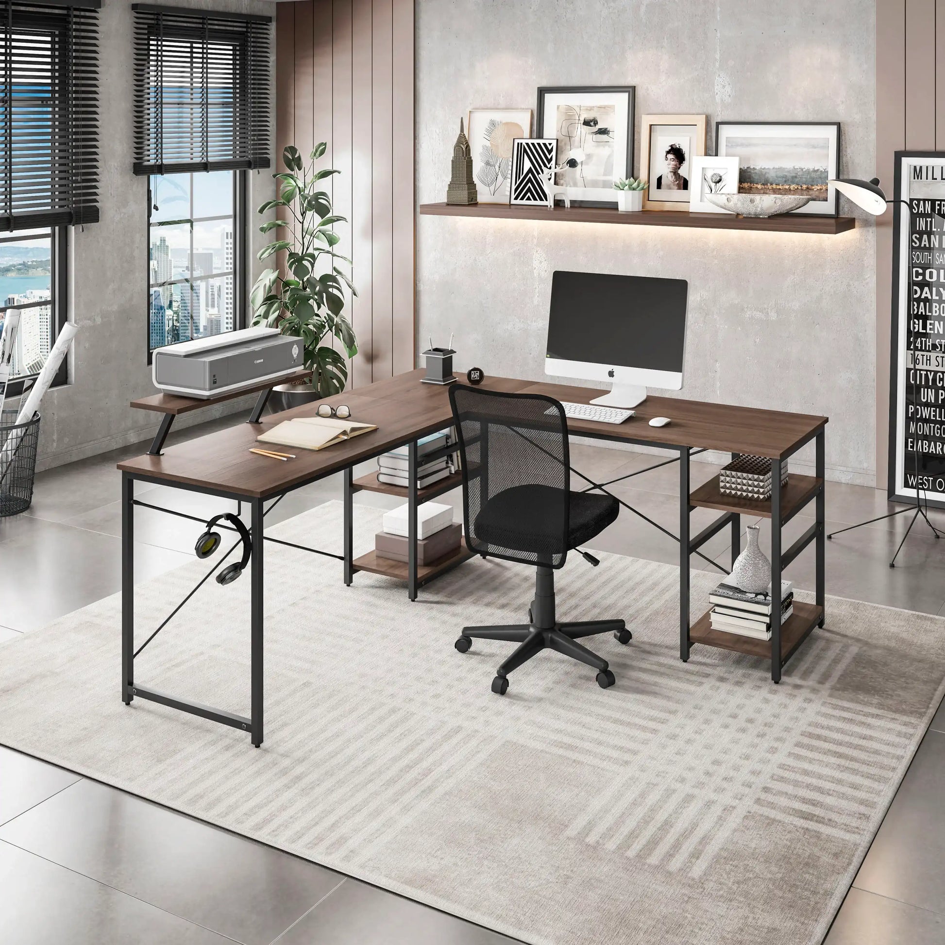 Techni Mobili L-Shape Industrial Desk with storage shelves, Walnut - Best Buy Furniture