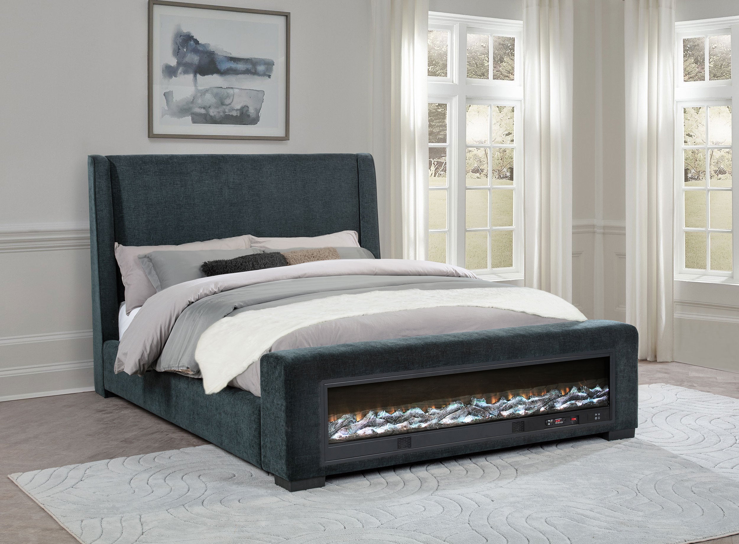 Preston Upholstered California King Audio Flame Visualizer Bed Dark Blue-