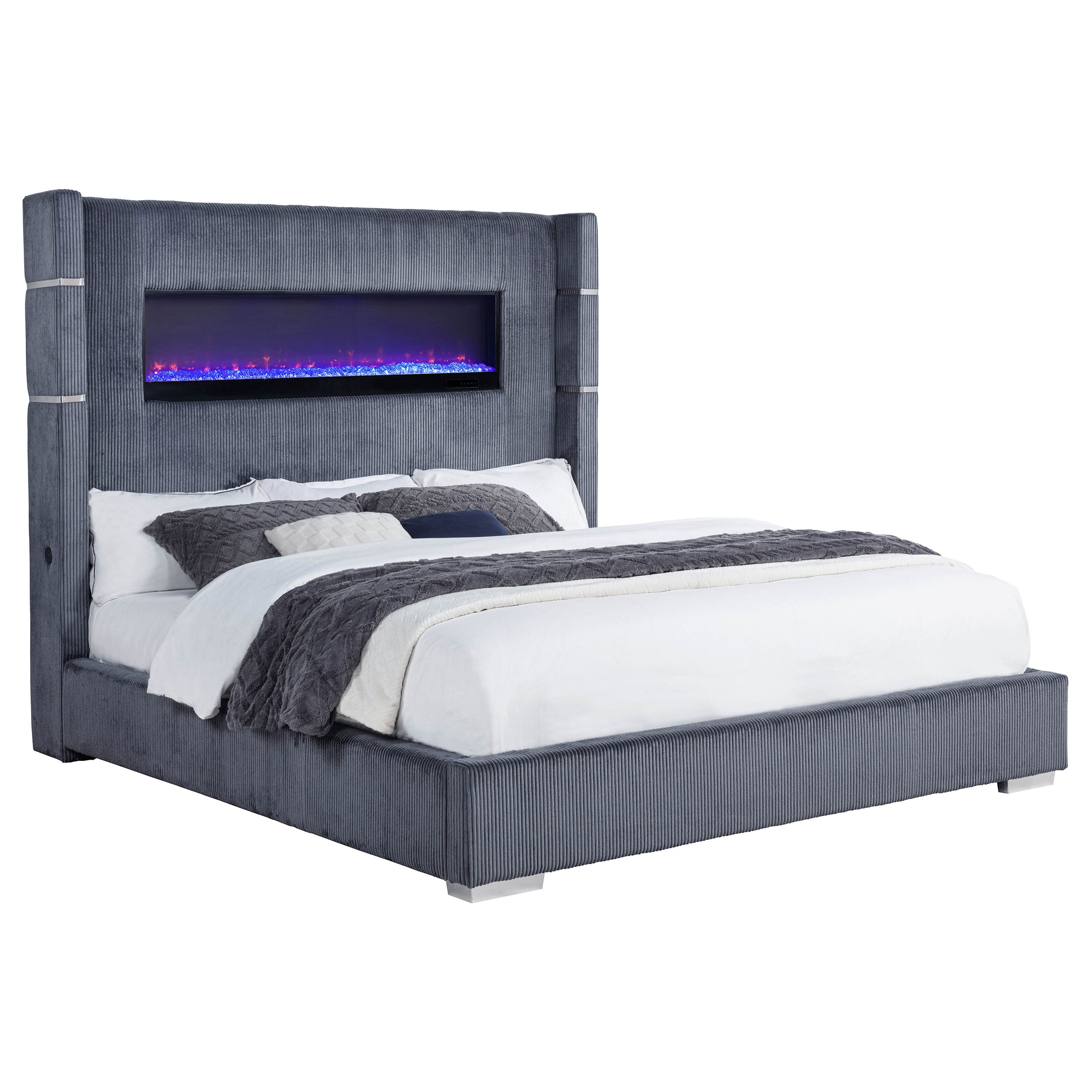 Tisdall Upholstered Cal King Flame Visualizer Bed Grey-