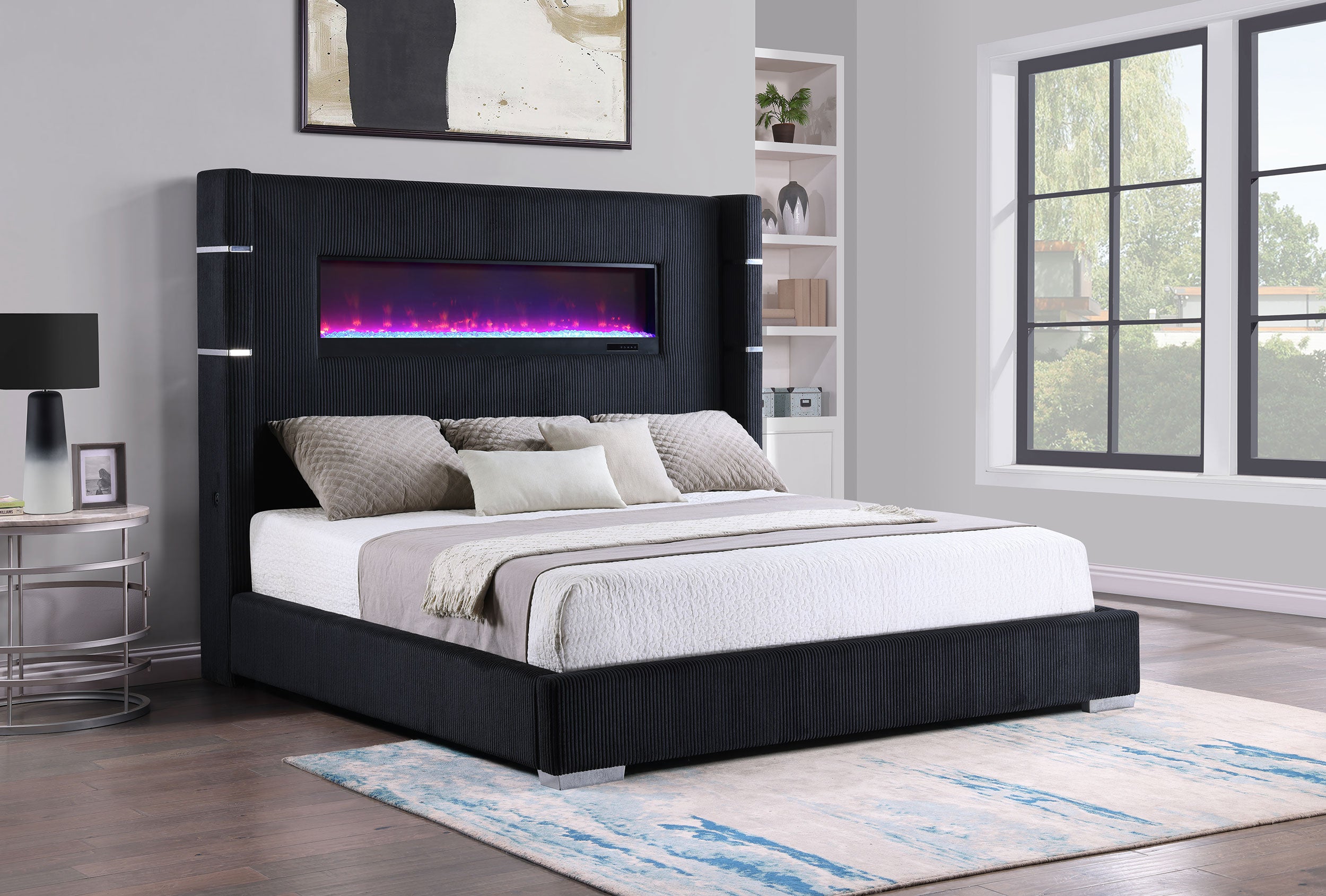 Tisdall Upholstered Queen Flame Visualizer Bed Black-