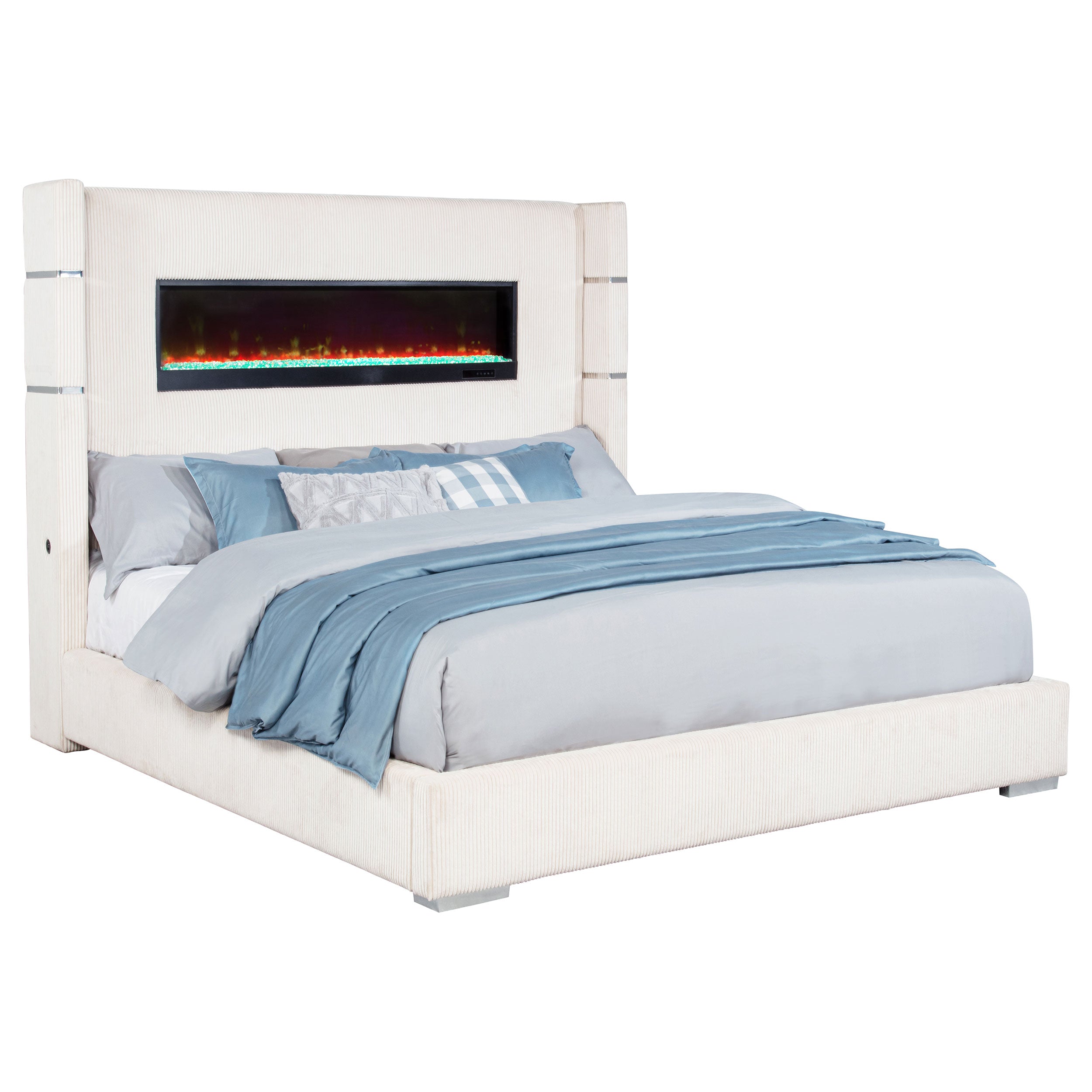 Tisdall Upholstered Eastern King Flame Visualizer Bed Cream-