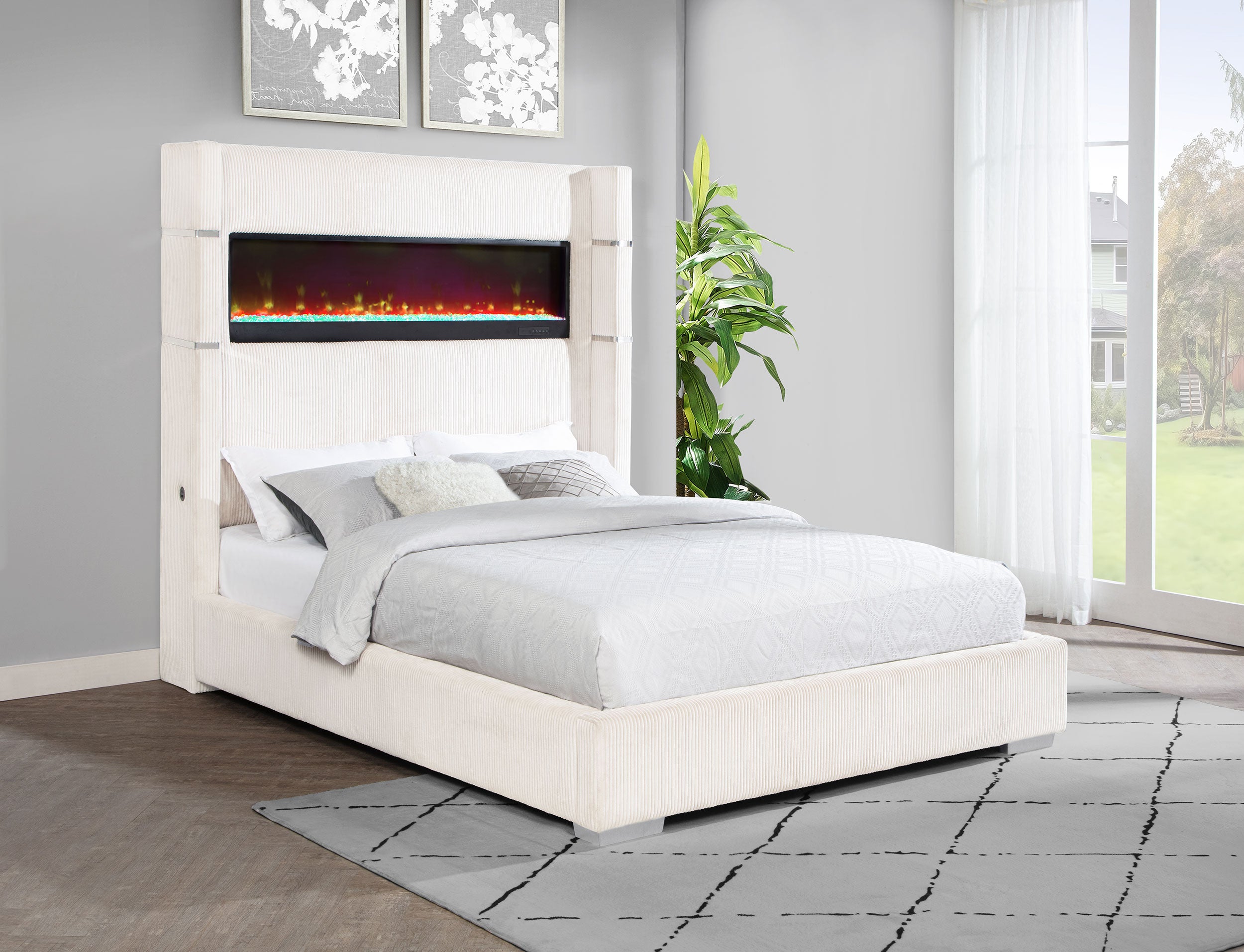 Tisdall Upholstered Queen Flame Visualizer Bed Cream-