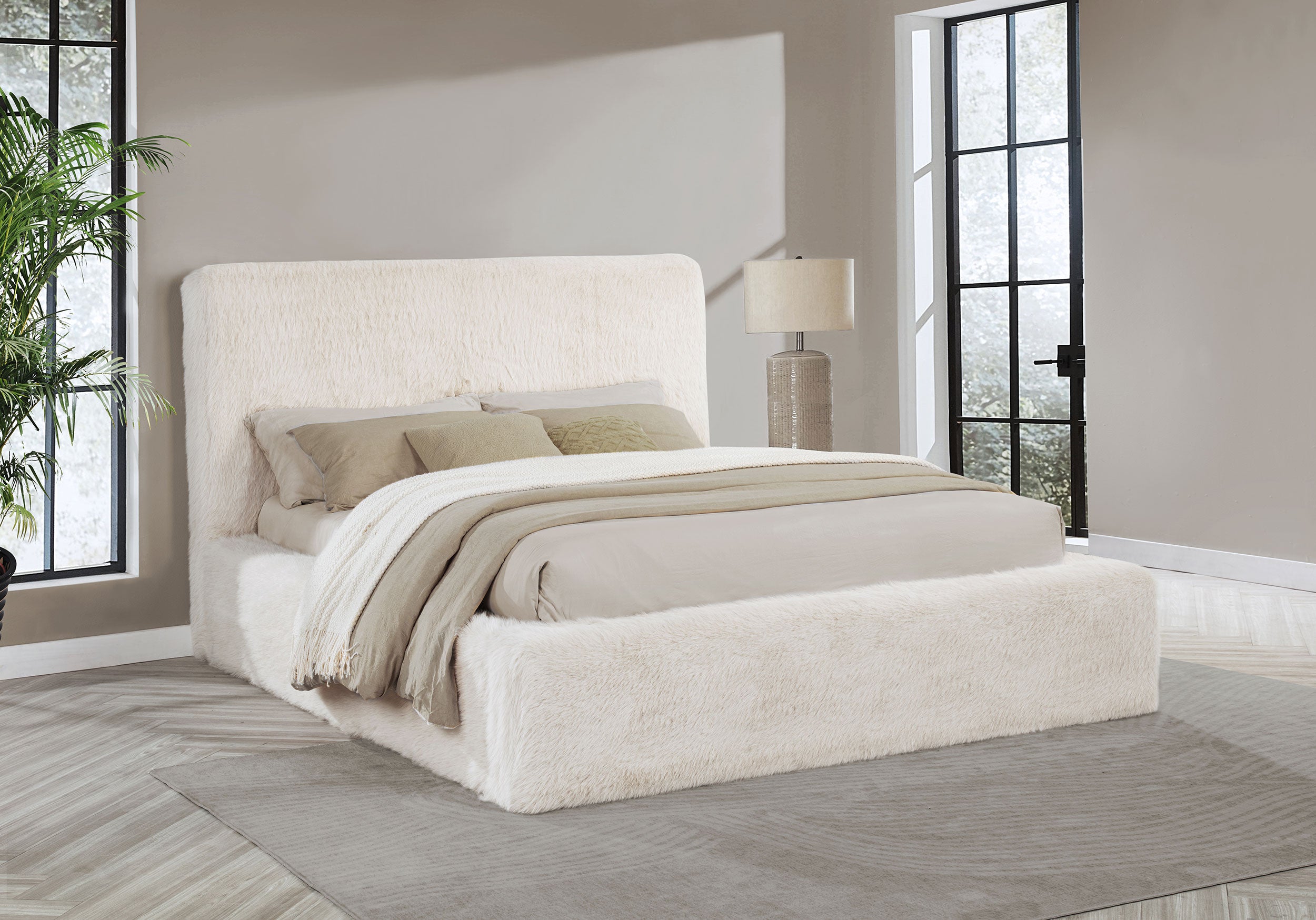 Rebecca Faux Fur Upholstered California King Bed Cream-