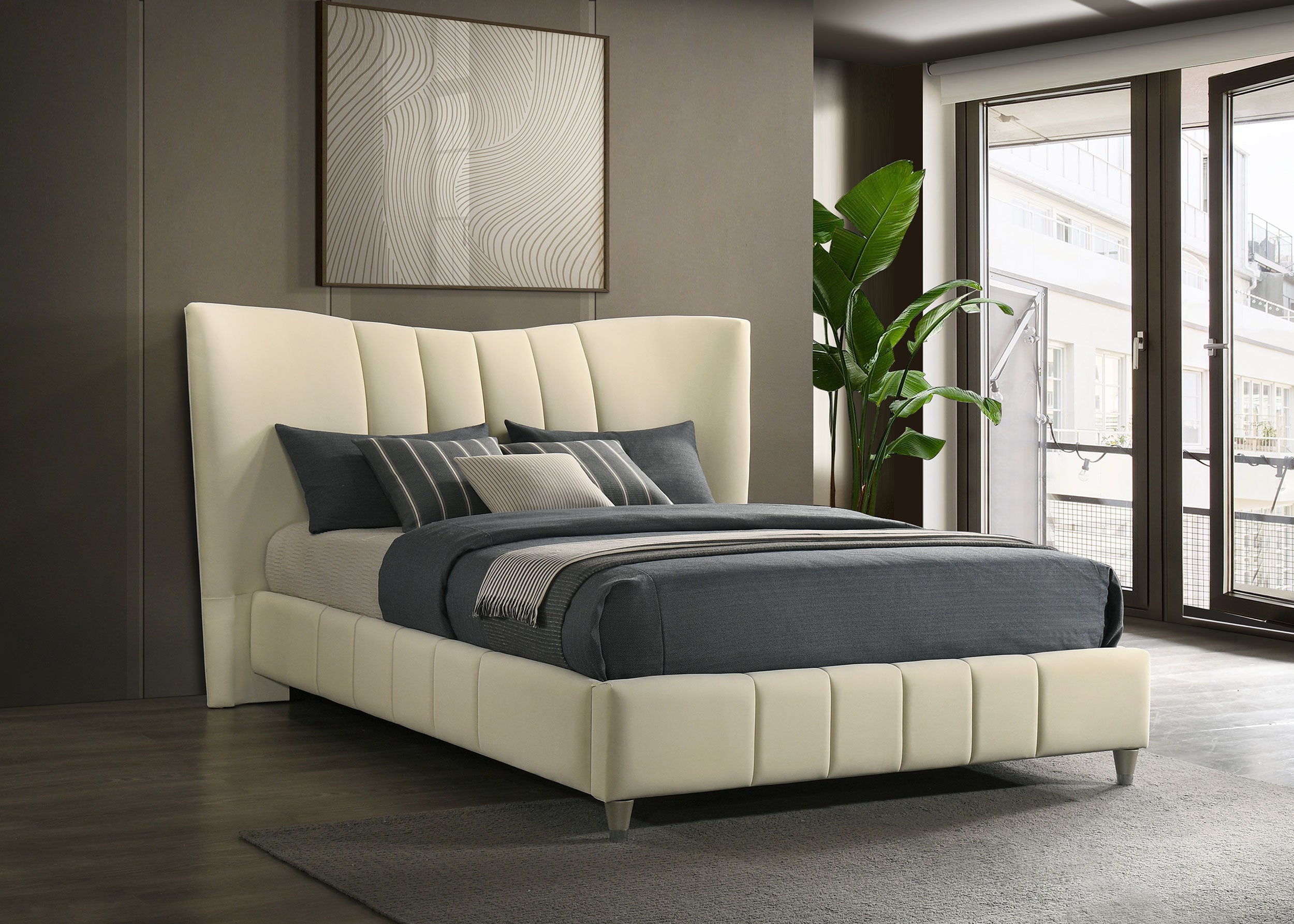 Evelyn Upholstered Queen Panel Platform Bed Ivory-