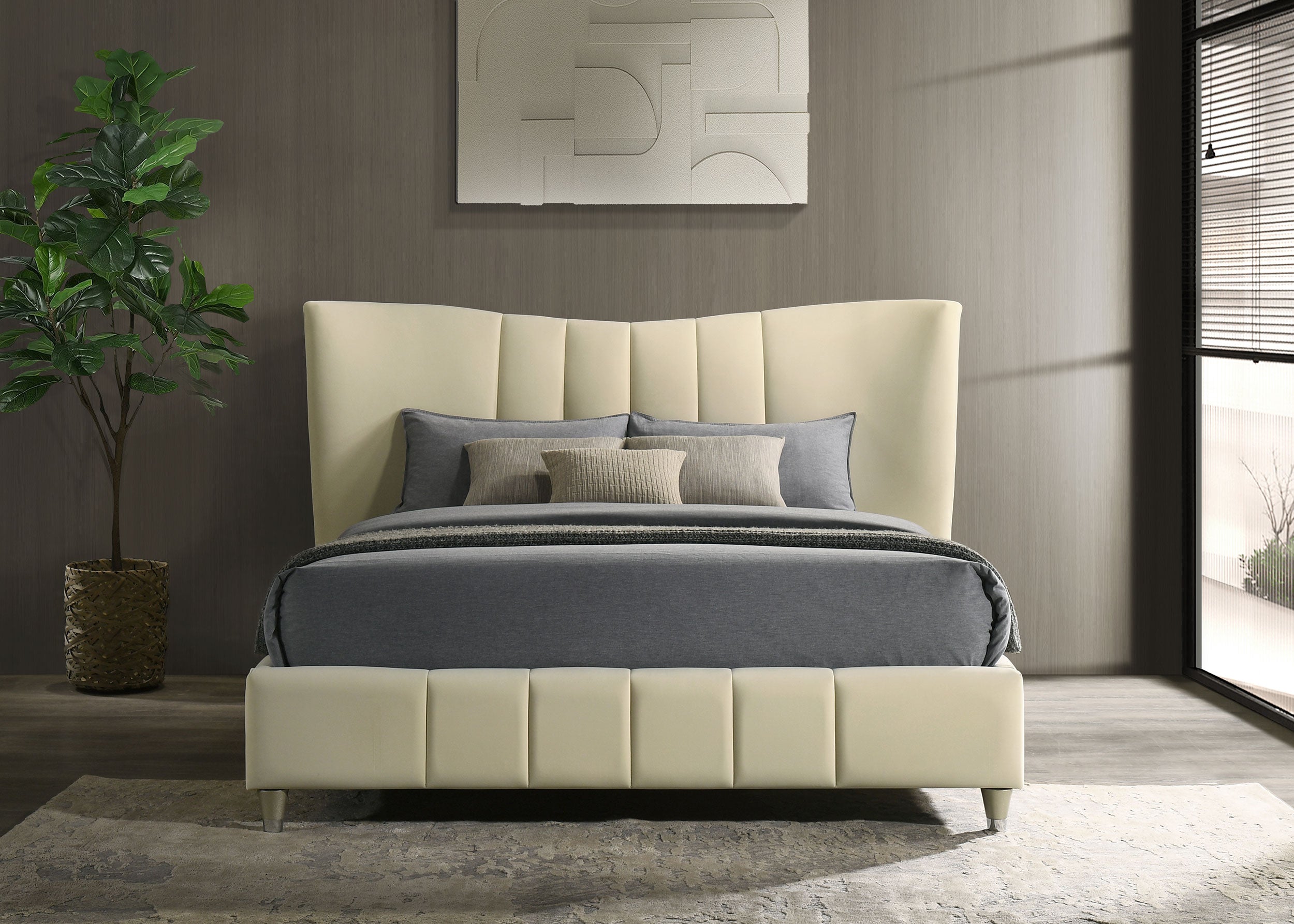 Evelyn Upholstered Queen Panel Platform Bed Ivory-