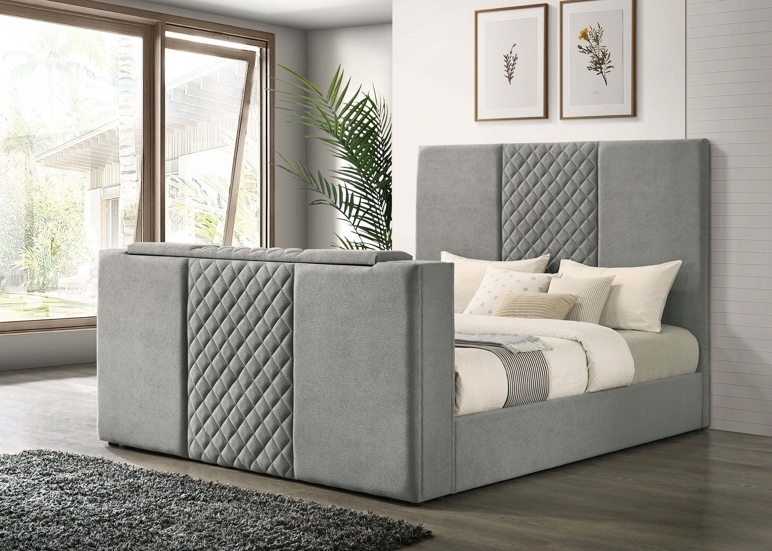 Tara 61-inch Upholstered Eastern King Panel TV Bed Grey-