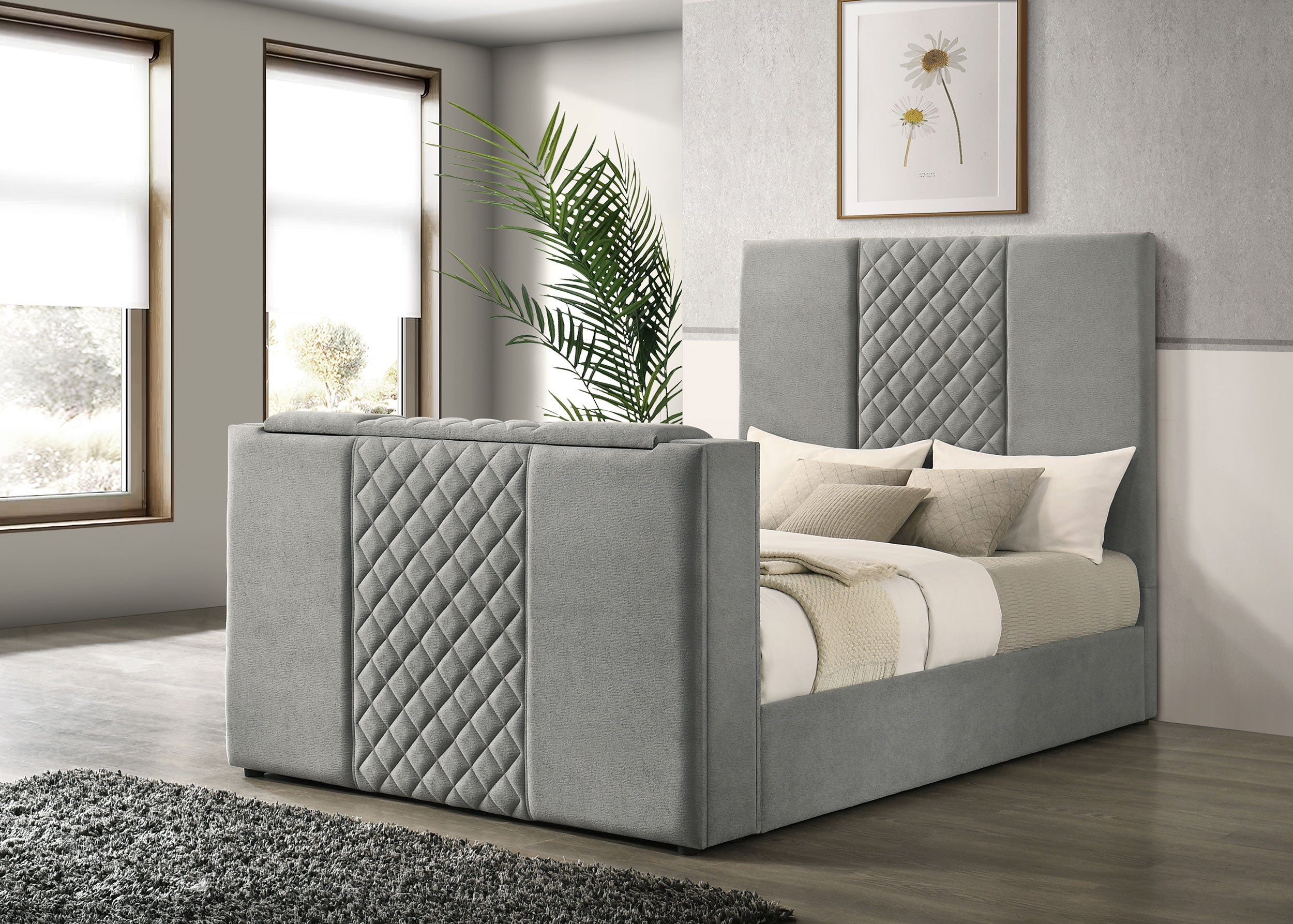 Tara 61-inch Upholstered Queen Panel TV Bed Grey-