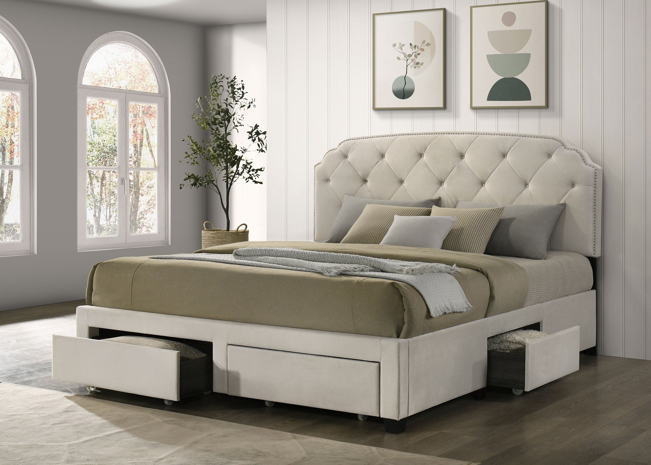 Marianna 4-drawer Upholstered Eastern King Storage Bed Cream-