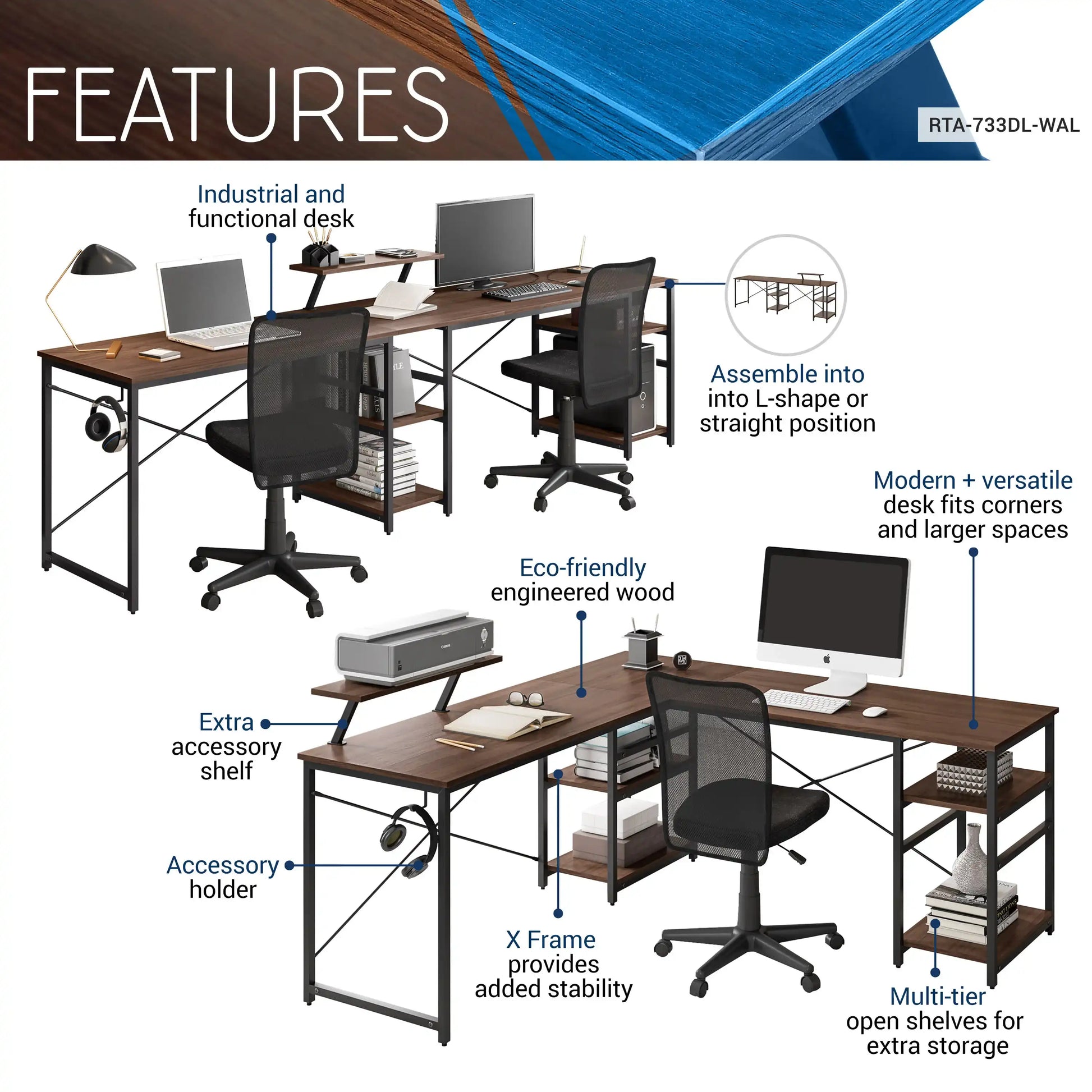 Techni Mobili L-Shape Industrial Desk with storage shelves, Walnut - Best Buy Furniture