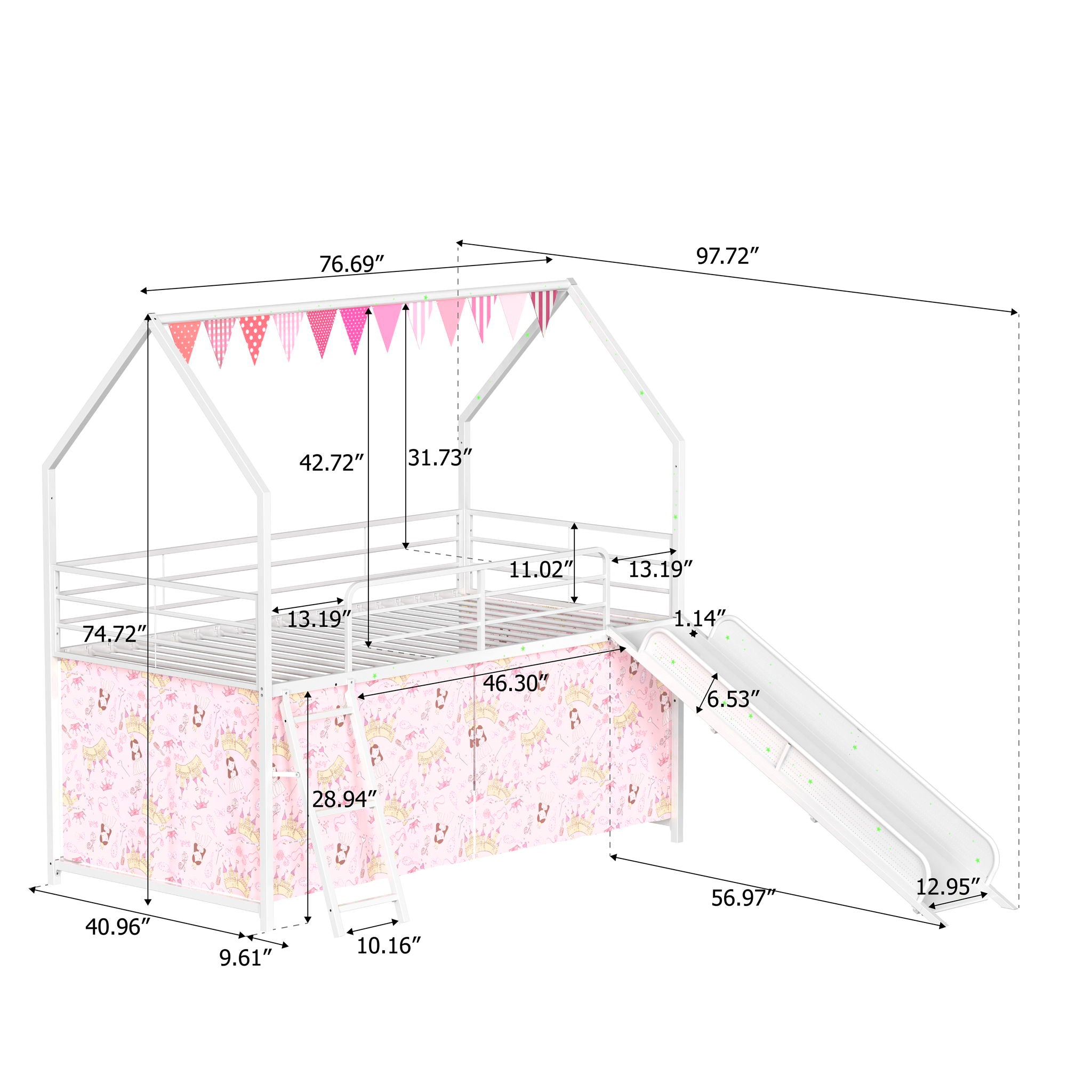 Jack - House Loft Bed With Slide And Curtain Set