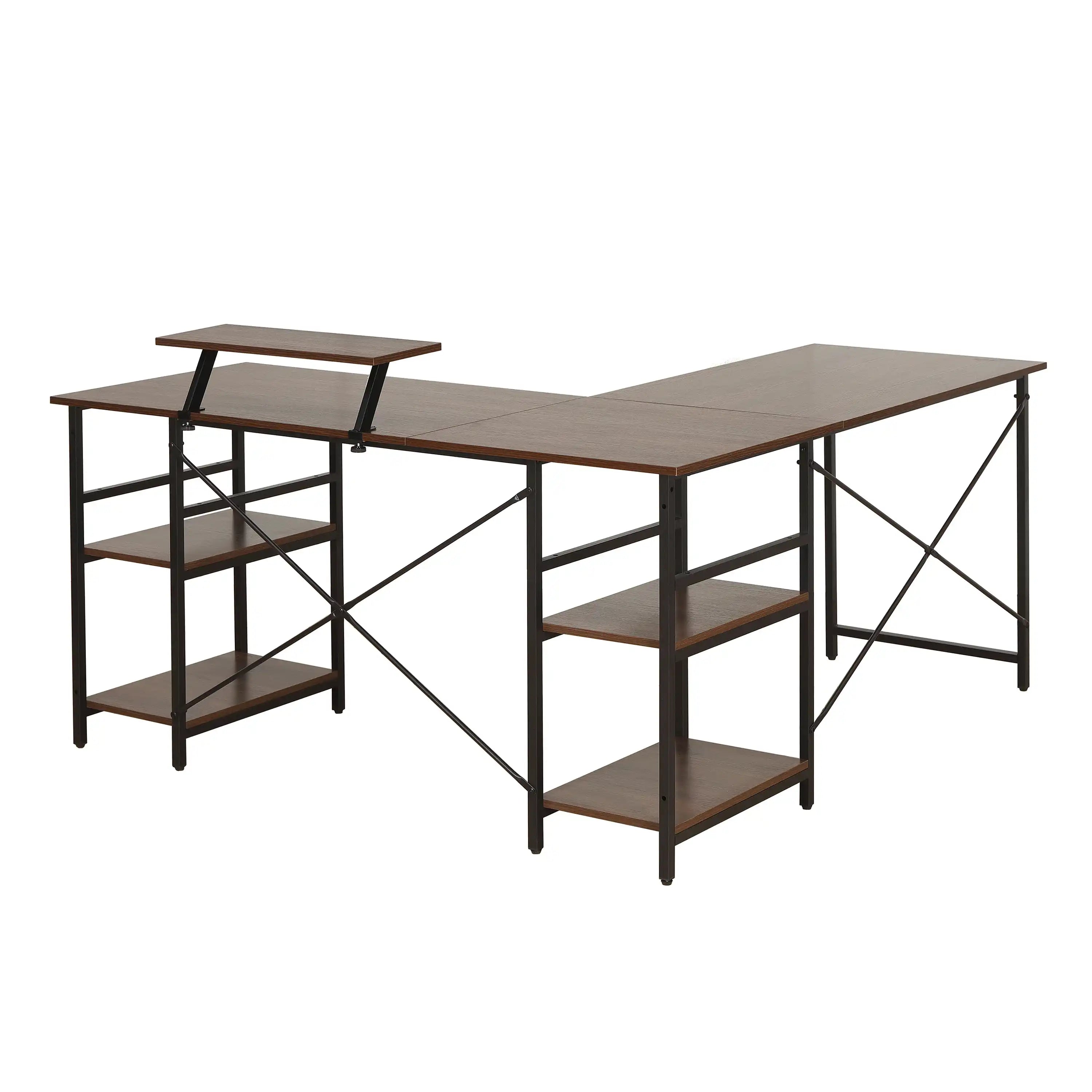 Techni Mobili L-Shape Industrial Desk with storage shelves, Walnut - Best Buy Furniture