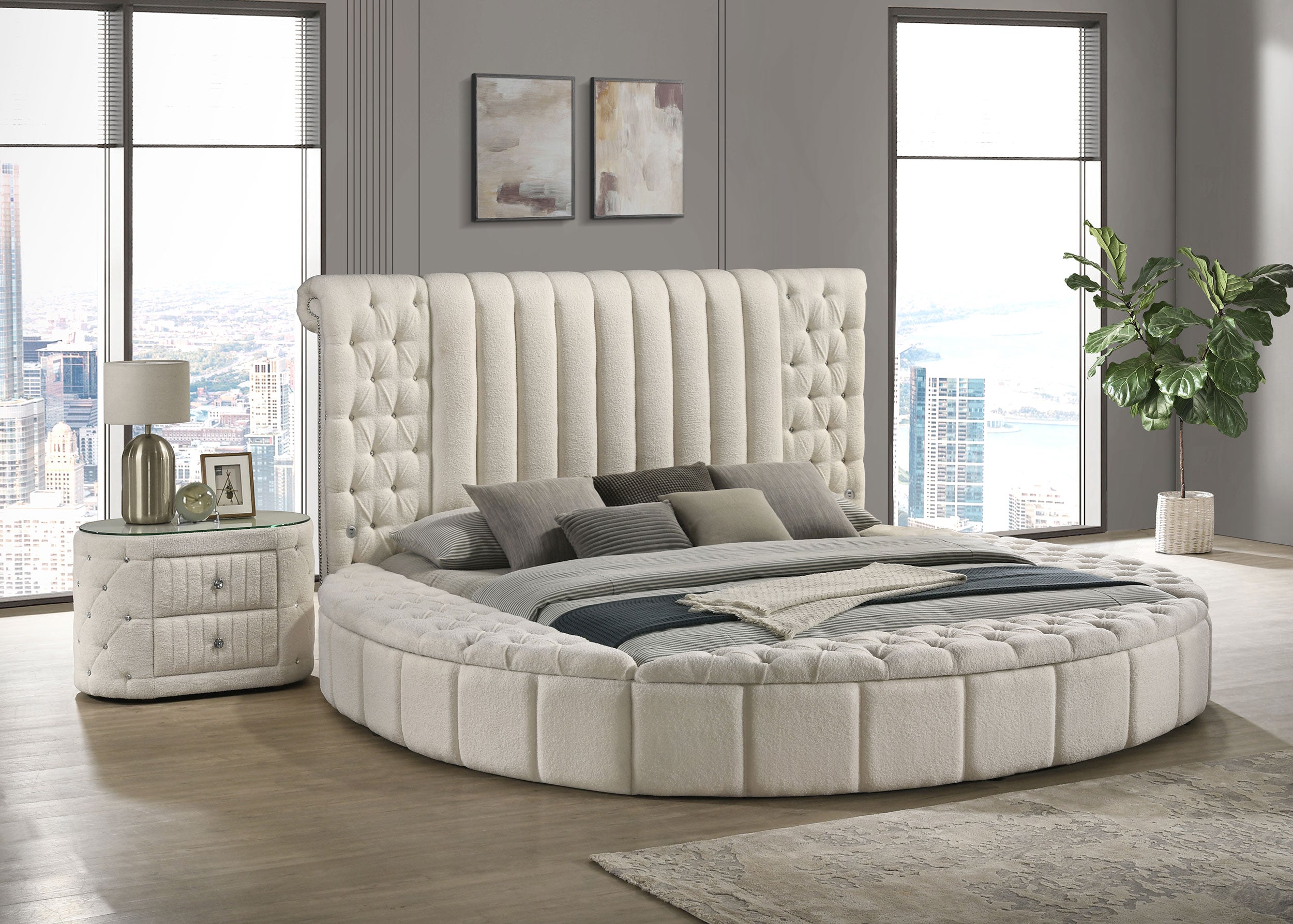 Sonya Upholstered Queen Round Storage Bed Ivory-