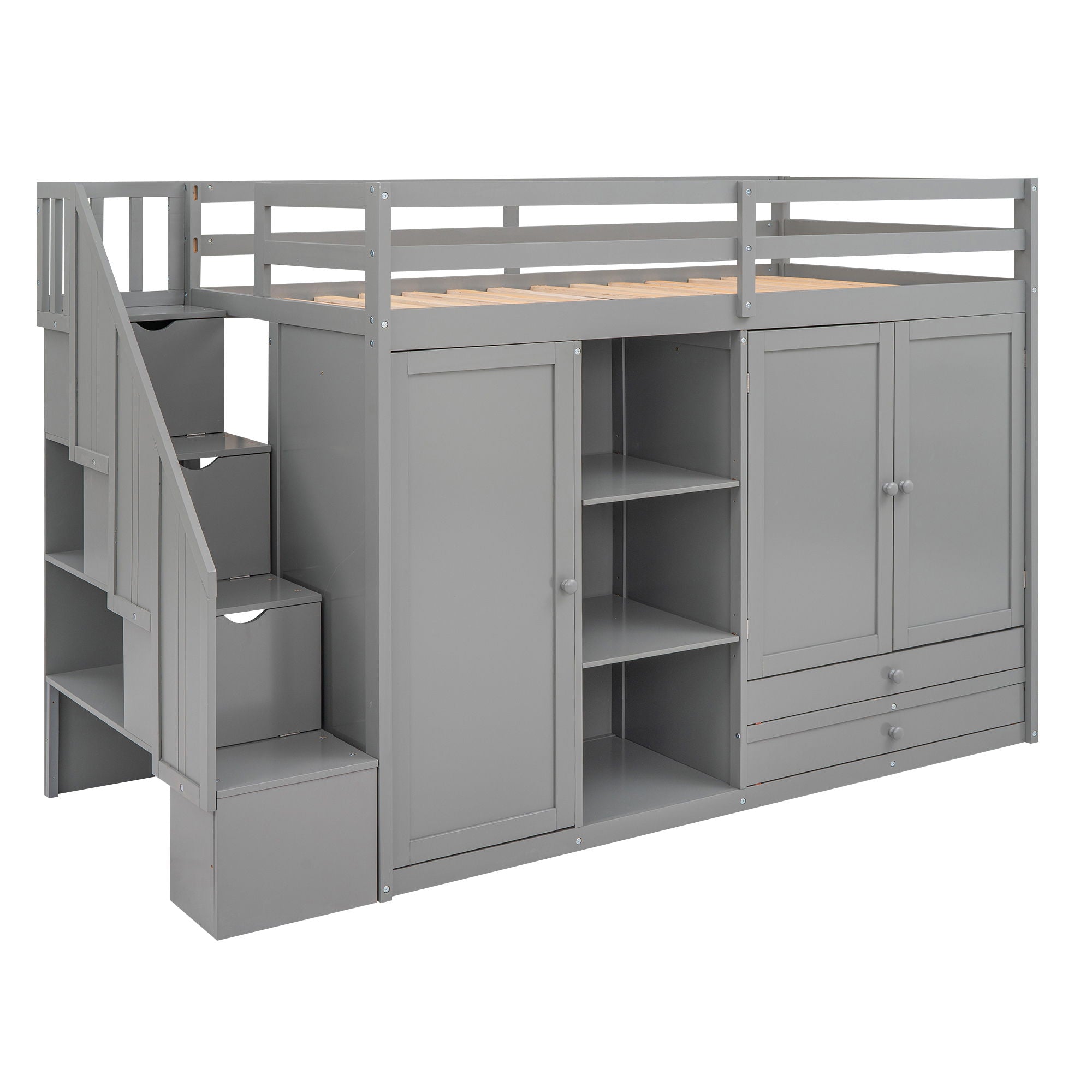 Loft Bed With 3 Shelves, 2 Wardrobes, 2 Drawers, Ladder Storage