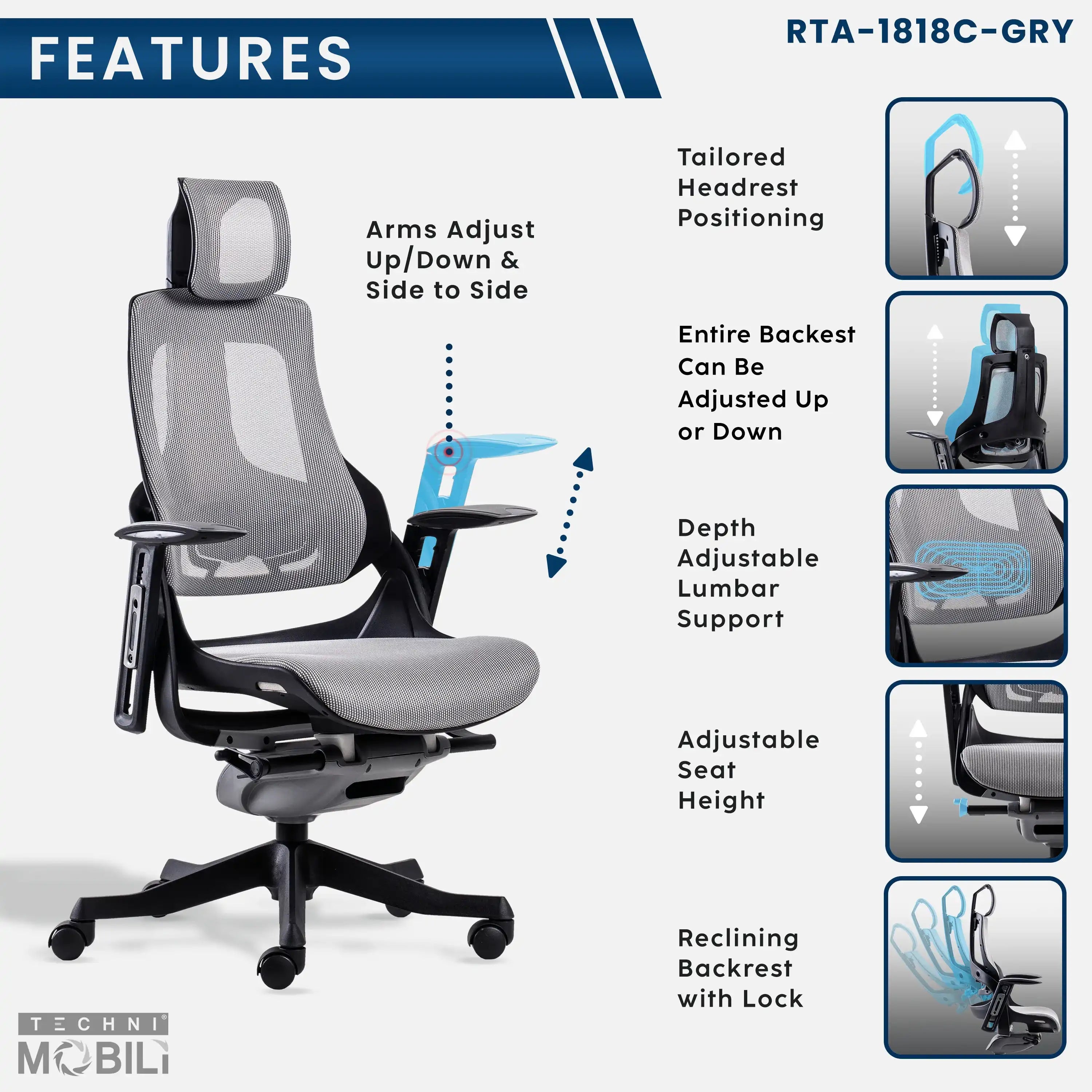 Techni Mobili LUX Ergonomic Executive Chair, Grey - Best Buy Furniture