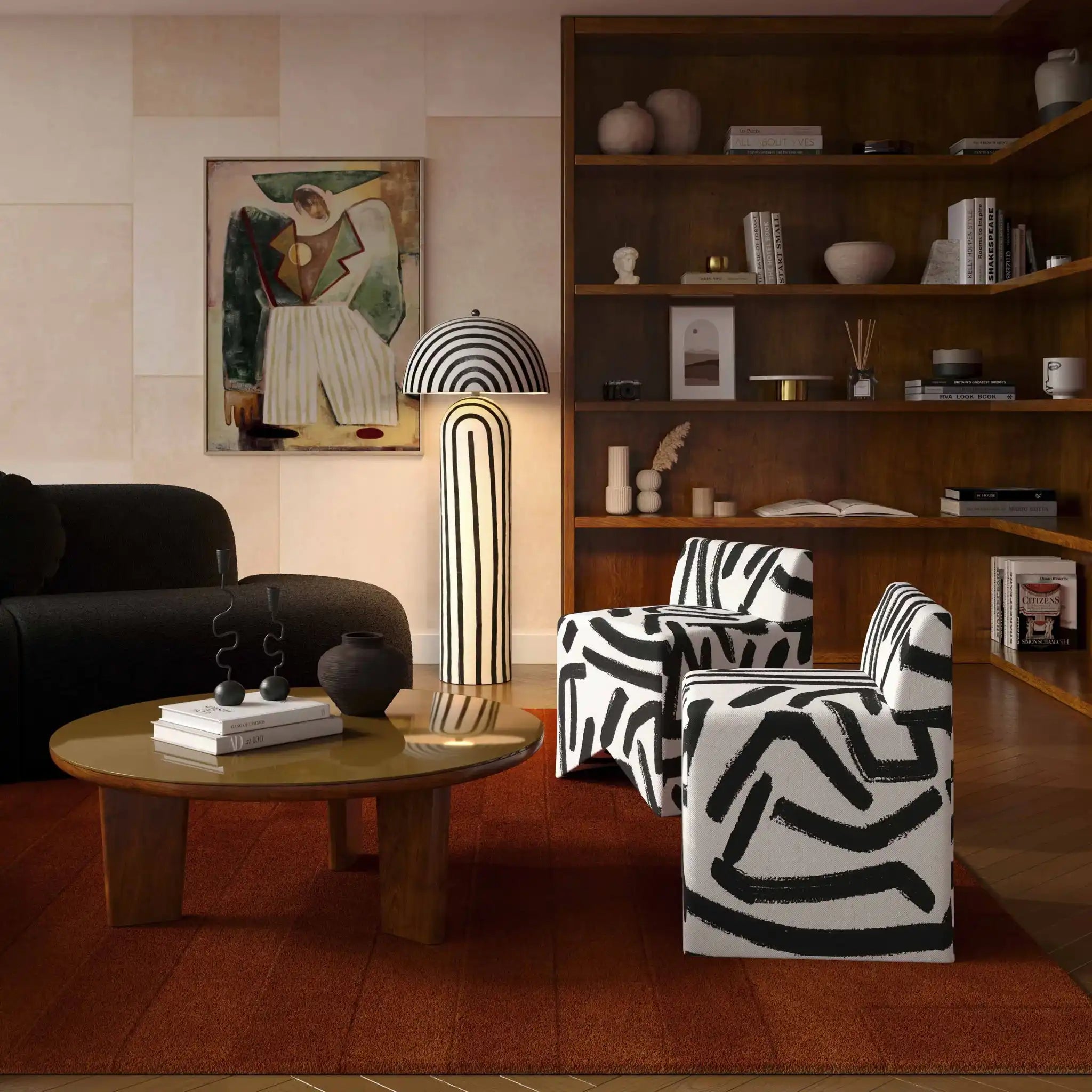 Pippa - Brushstroke Print Stool - Black / White