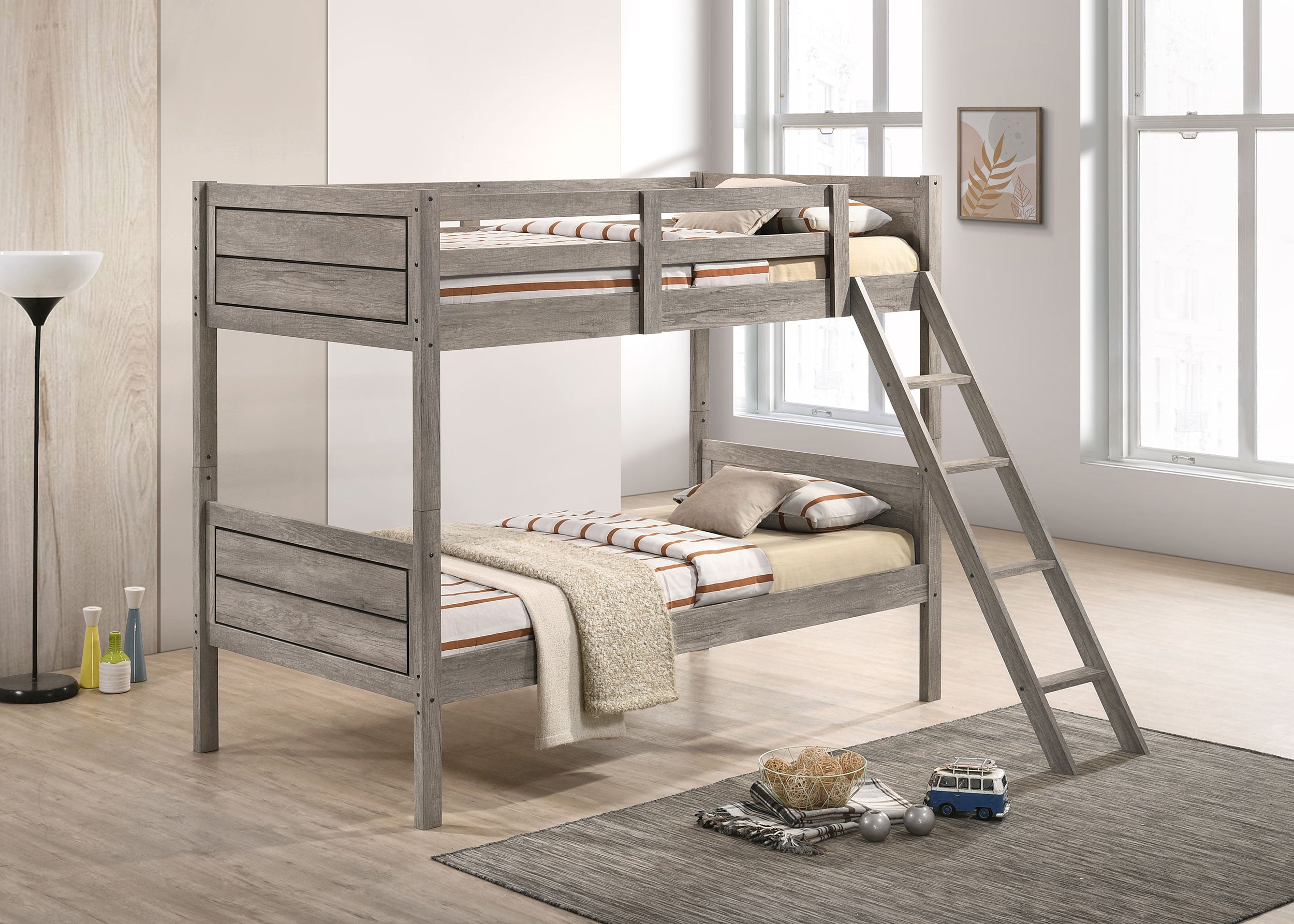 Ryder Wood Twin Over Twin Bunk Bed with Mattress Weathered Taupe-