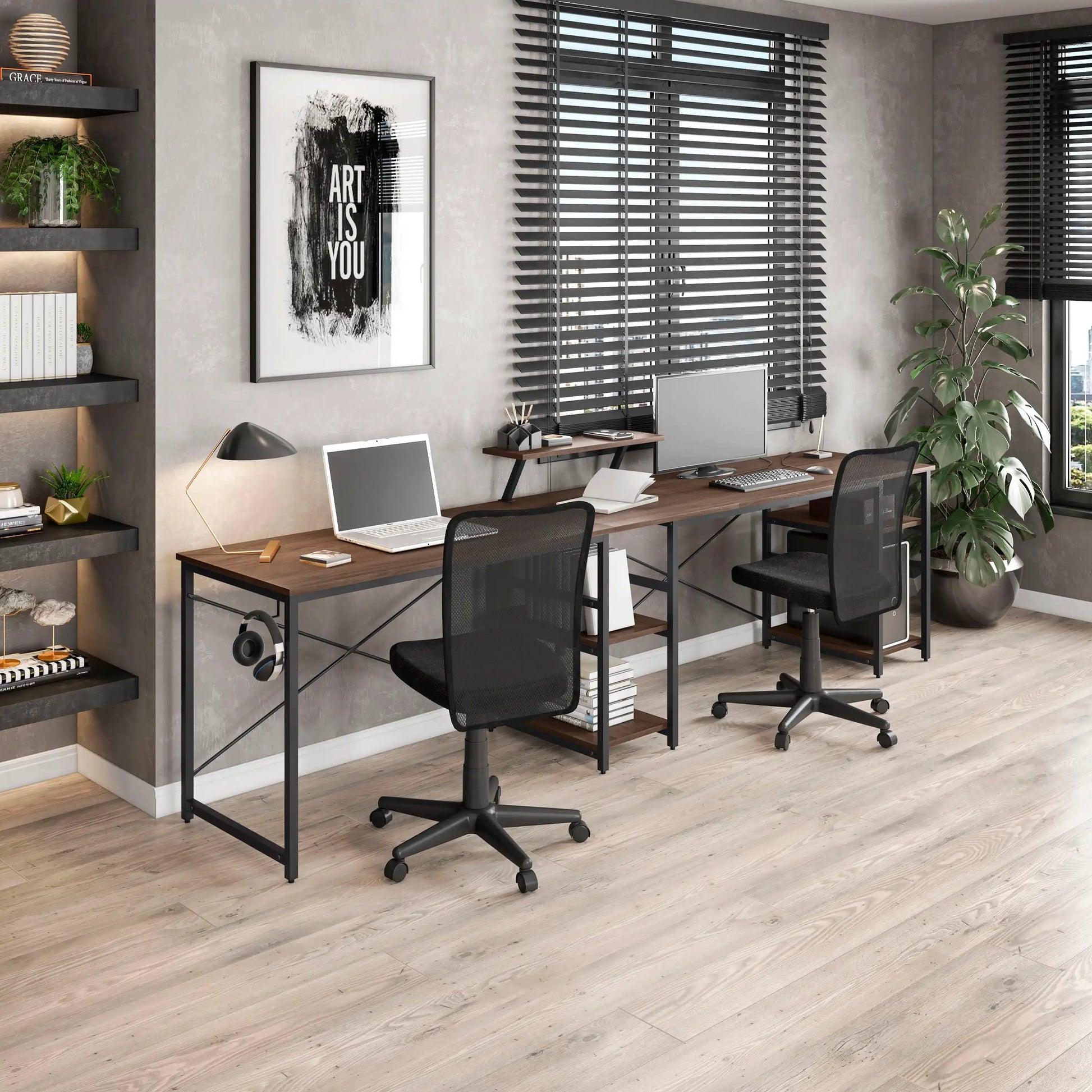 Techni Mobili L-Shape Industrial Desk with storage shelves, Walnut - Best Buy Furniture