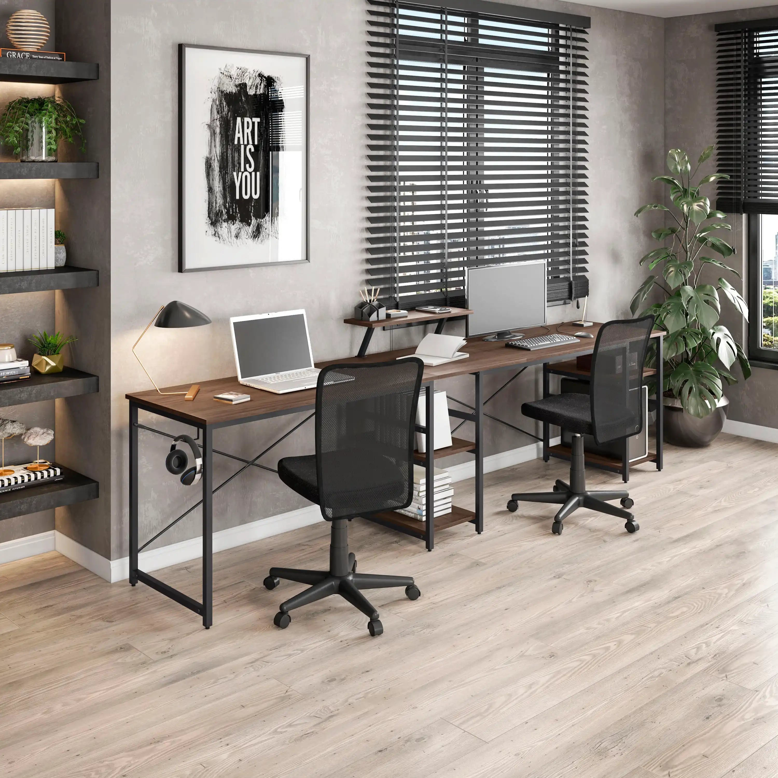 Techni Mobili L-Shape Industrial Desk with storage shelves, Walnut - Best Buy Furniture