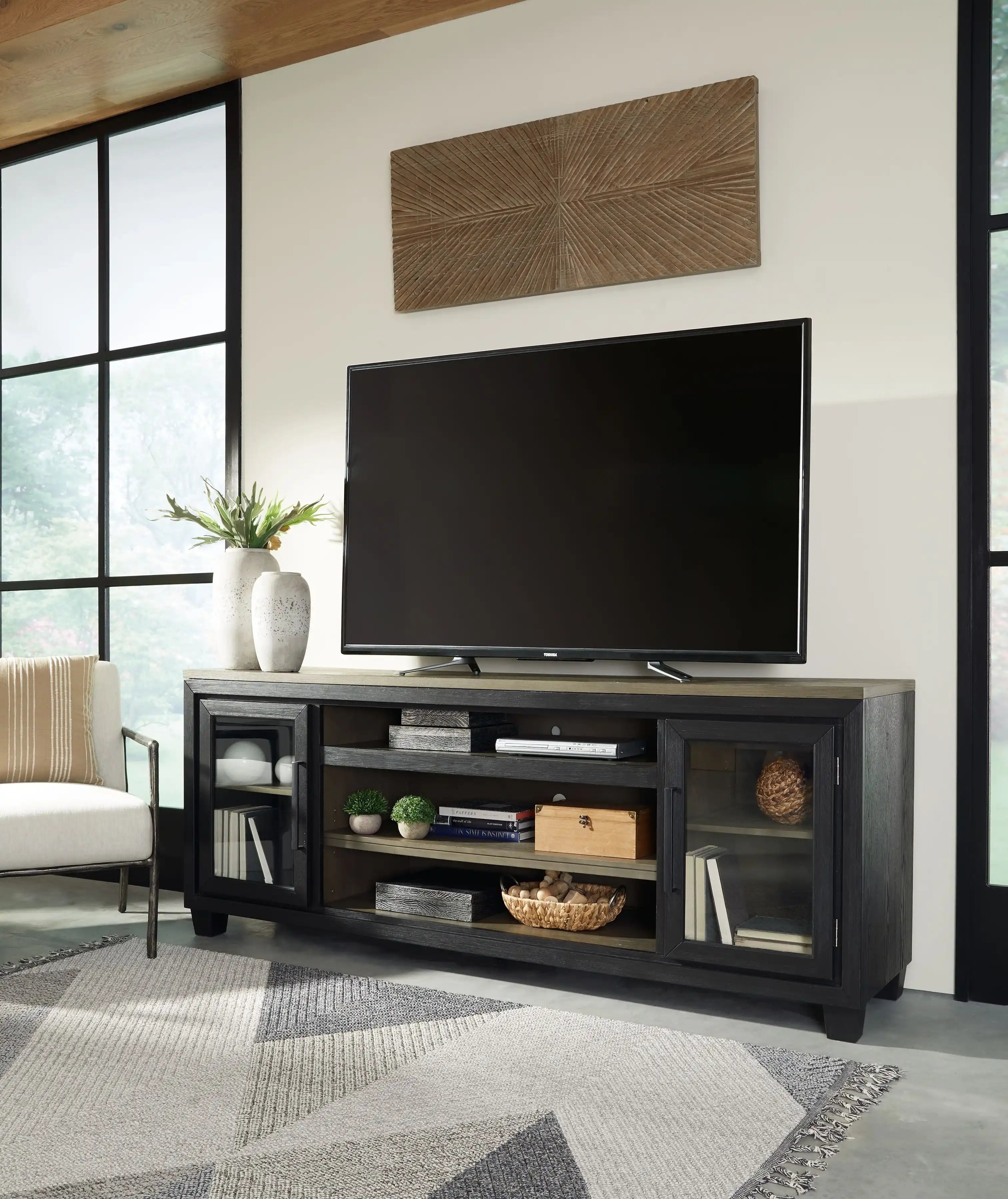 Foyland - XL TV Stand w/Fireplace Option - Black / Brown - Best Buy Furniture