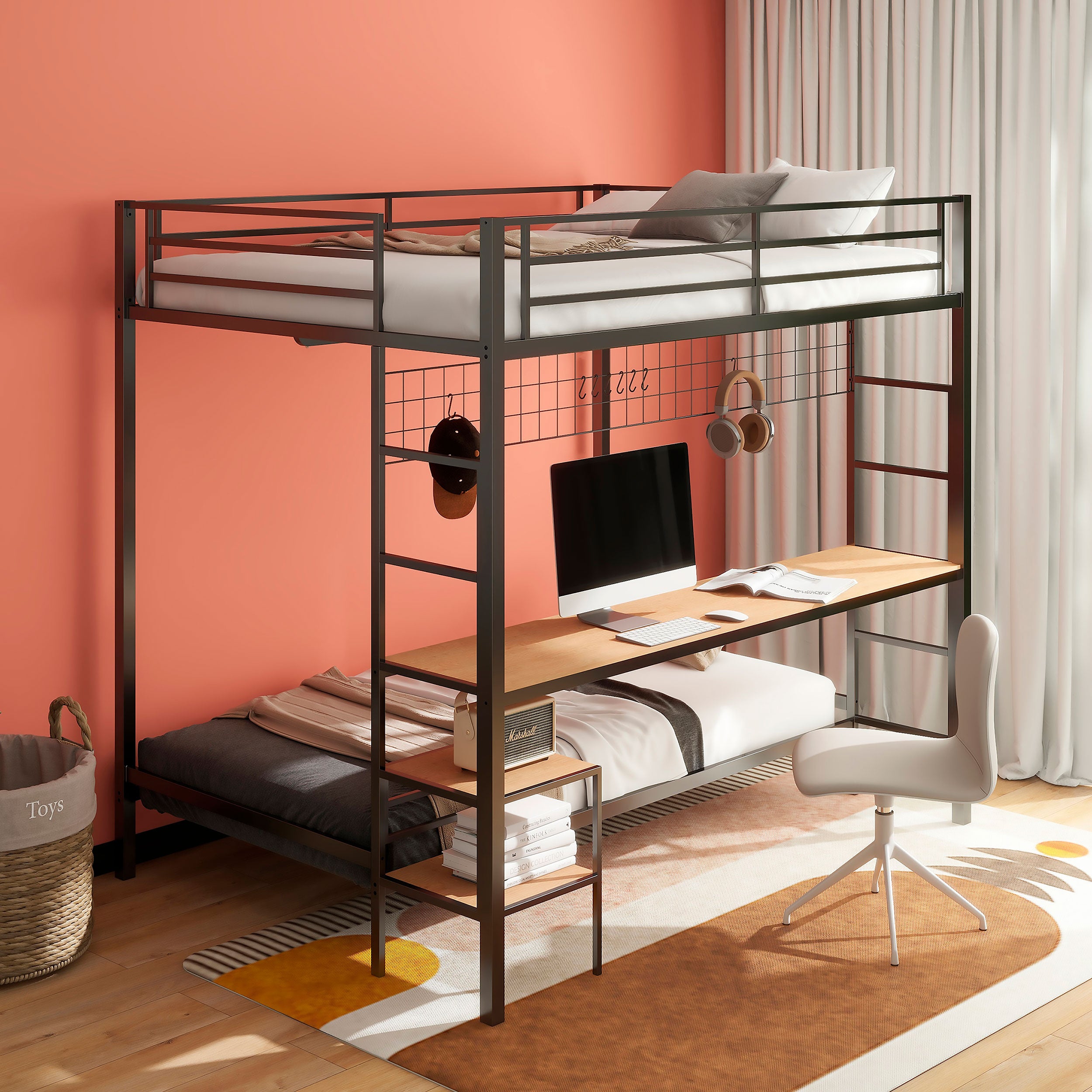 Bettoni Metal Full Over Twin Workstation Bunk Bed Matte Black-