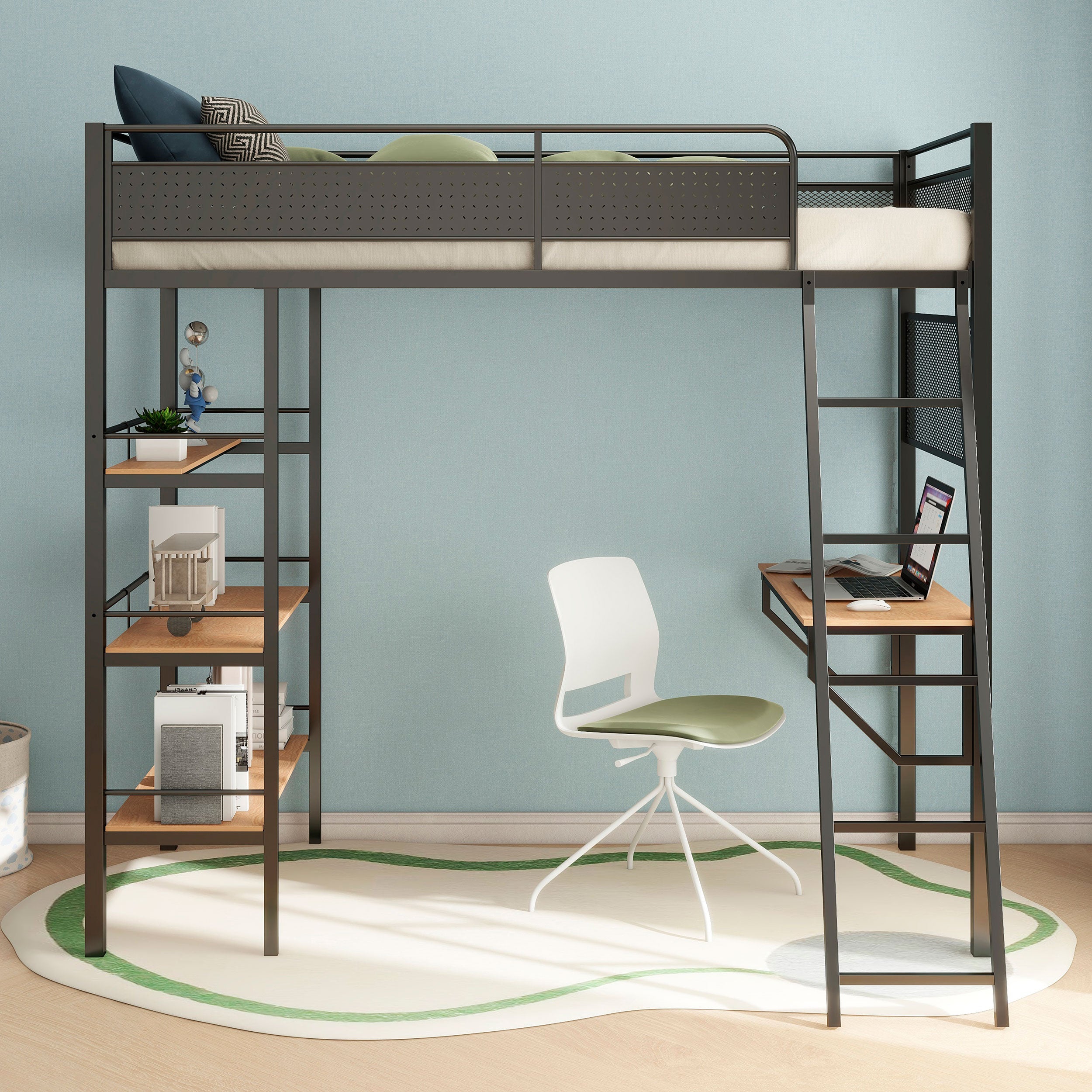 Campus 3-shelf Metal Twin Workstation Loft Bed Matte Black-