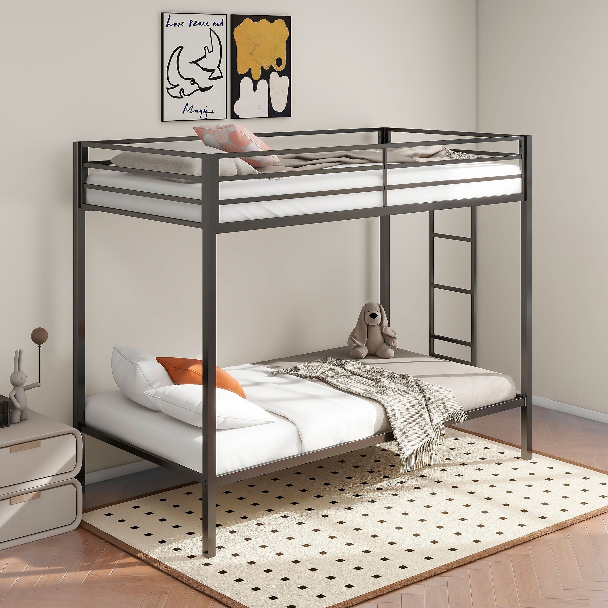 Alevera Metal Twin Over Twin Bunk Bed with Ladder Black-