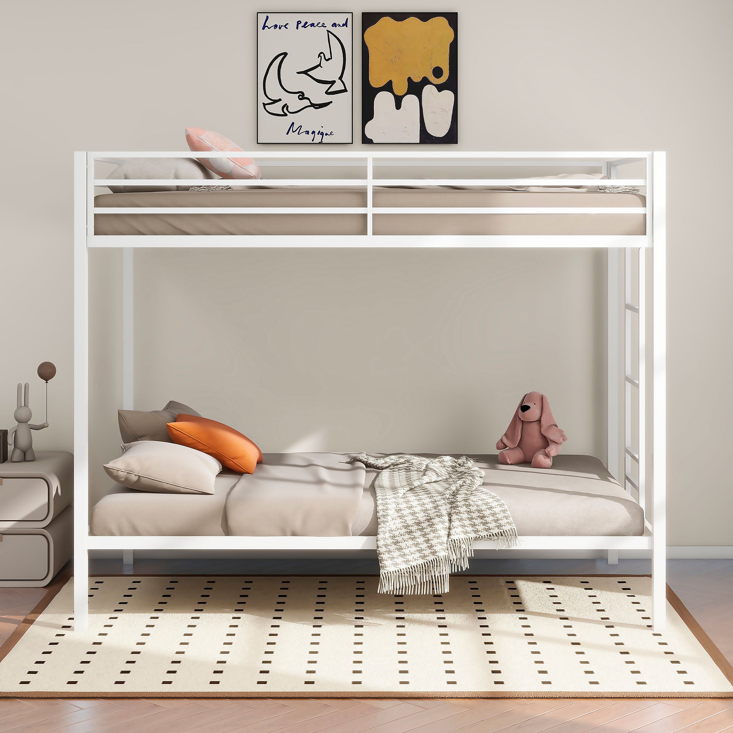 Alevera Metal Twin Over Twin Bunk Bed with Ladder White-