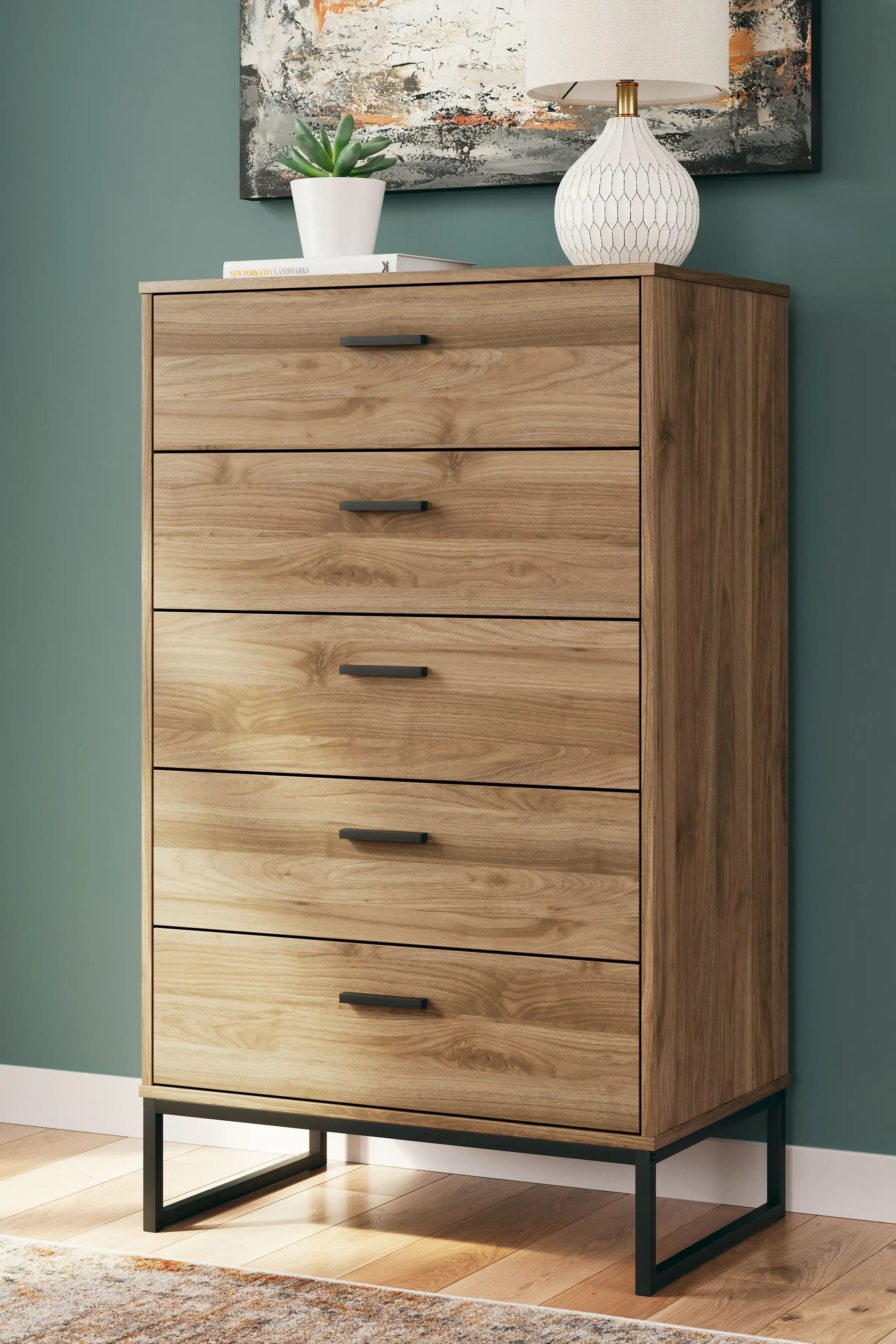 Deanlow - Five Drawer Chest - Honey - Best Buy Furniture
