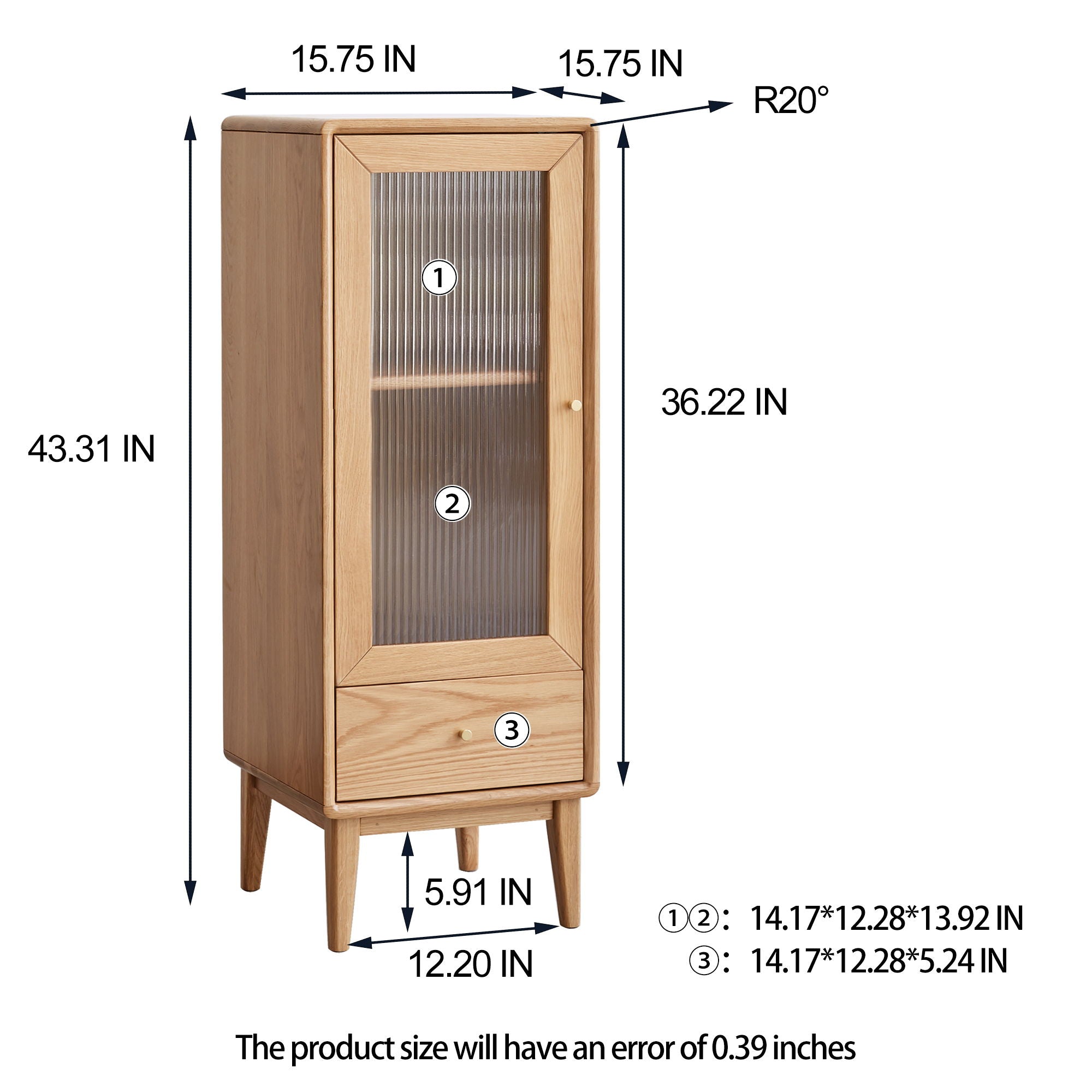 Free-Standing Corner Storage Cabinet With Vintage Glass Door, 2 Shelves, 1 Drawers & Brass Handle For Living Room - Natural