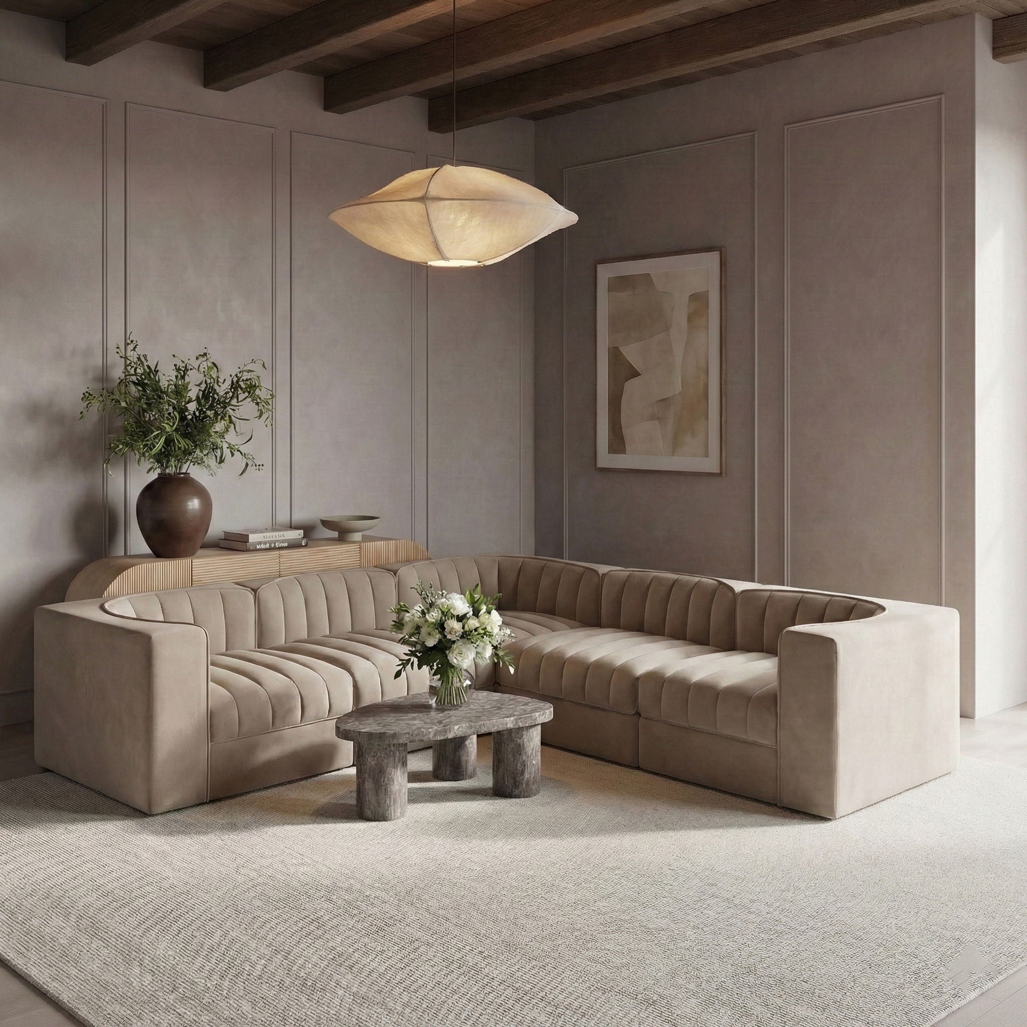 Rummi - Symmetrical Velvet Performance Fabric Upholstered 5 Piece Modular Sectional